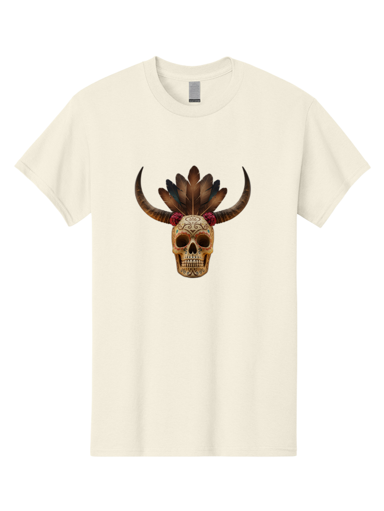 Sugar-Skull-Minotaur Men'S Graphic Tee, 100% Cotton, Comfortable Casual Summer Wear, Machine Washable, Sugar Skull, Minotaur, Bull Skull, Day Of The Dead, Dia De Los Muertos, Tribal Art, Feathered Headdress, Gothic Decor, Skull Art Bad787 2