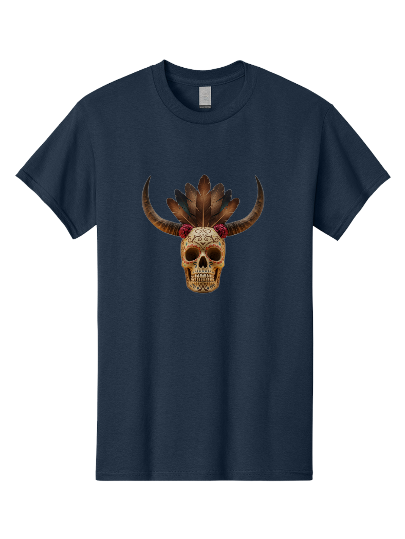 Sugar-Skull-Minotaur Men'S Graphic Tee, 100% Cotton, Comfortable Casual Summer Wear, Machine Washable, Sugar Skull, Minotaur, Bull Skull, Day Of The Dead, Dia De Los Muertos, Tribal Art, Feathered Headdress, Gothic Decor, Skull Art Bad787 12