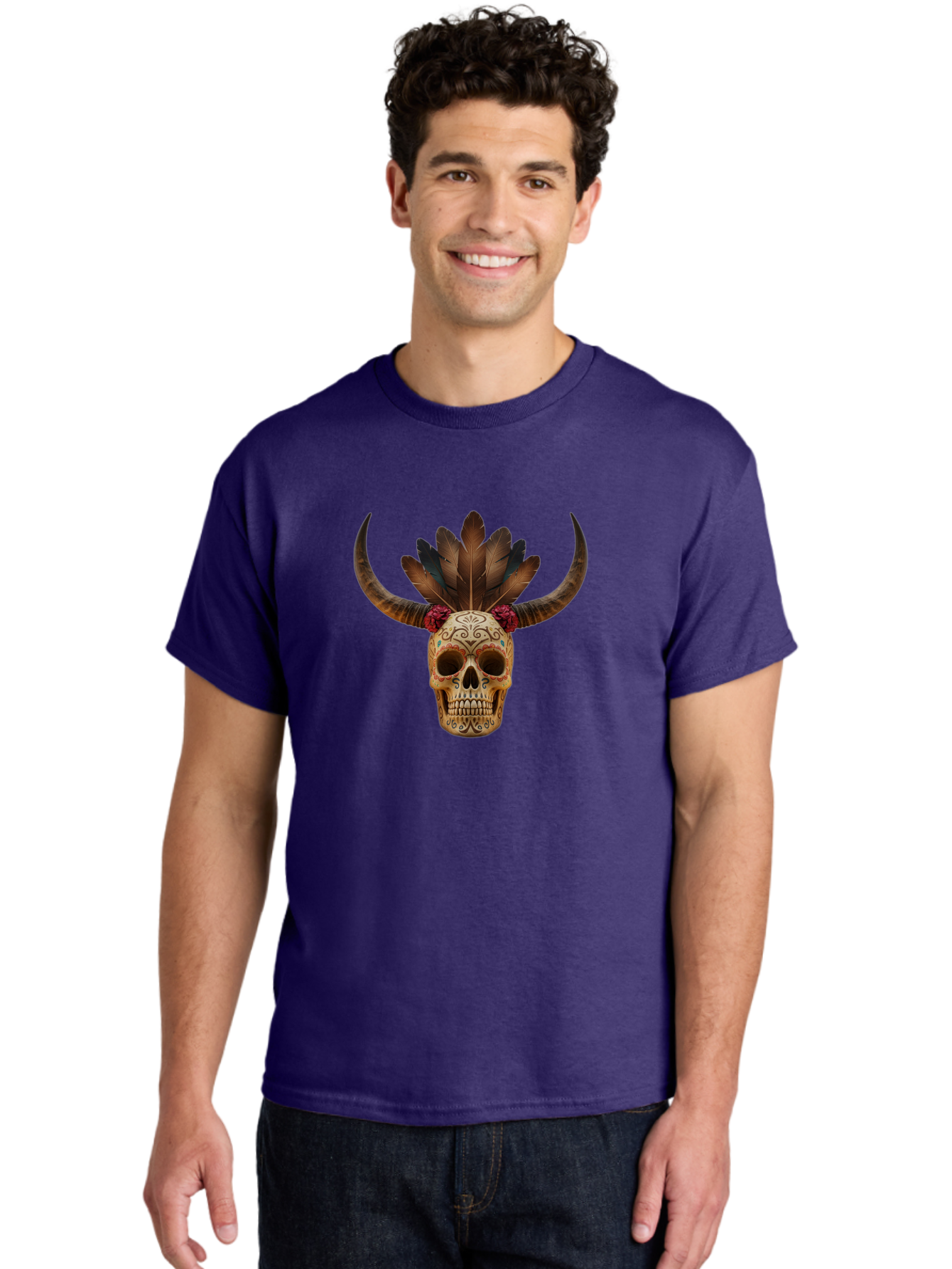 Sugar-Skull-Minotaur Men'S Graphic Tee, 100% Cotton, Comfortable Casual Summer Wear, Machine Washable, Sugar Skull, Minotaur, Bull Skull, Day Of The Dead, Dia De Los Muertos, Tribal Art, Feathered Headdress, Gothic Decor, Skull Art Bad787 29