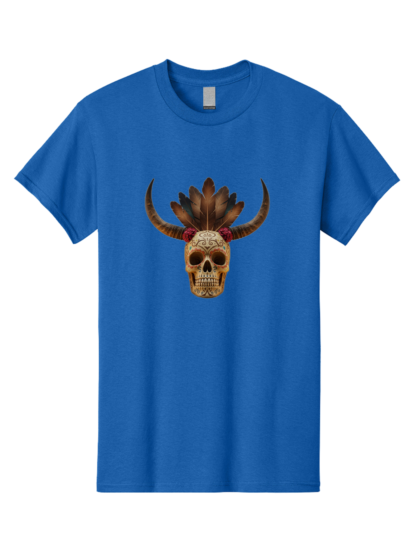 Sugar-Skull-Minotaur Men'S Graphic Tee, 100% Cotton, Comfortable Casual Summer Wear, Machine Washable, Sugar Skull, Minotaur, Bull Skull, Day Of The Dead, Dia De Los Muertos, Tribal Art, Feathered Headdress, Gothic Decor, Skull Art Bad787 6