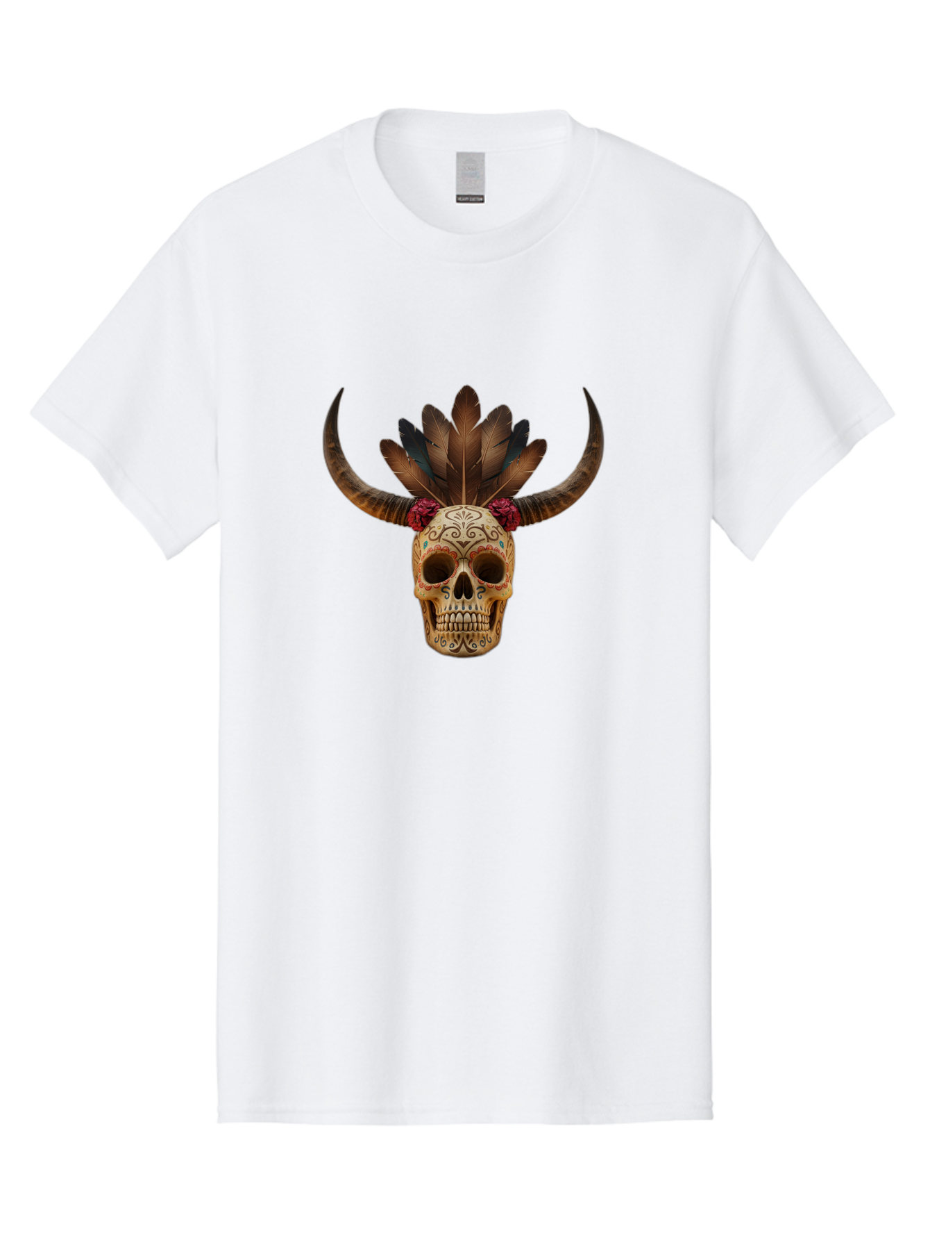 Sugar-Skull-Minotaur Men'S Graphic Tee, 100% Cotton, Comfortable Casual Summer Wear, Machine Washable, Sugar Skull, Minotaur, Bull Skull, Day Of The Dead, Dia De Los Muertos, Tribal Art, Feathered Headdress, Gothic Decor, Skull Art Bad787 4