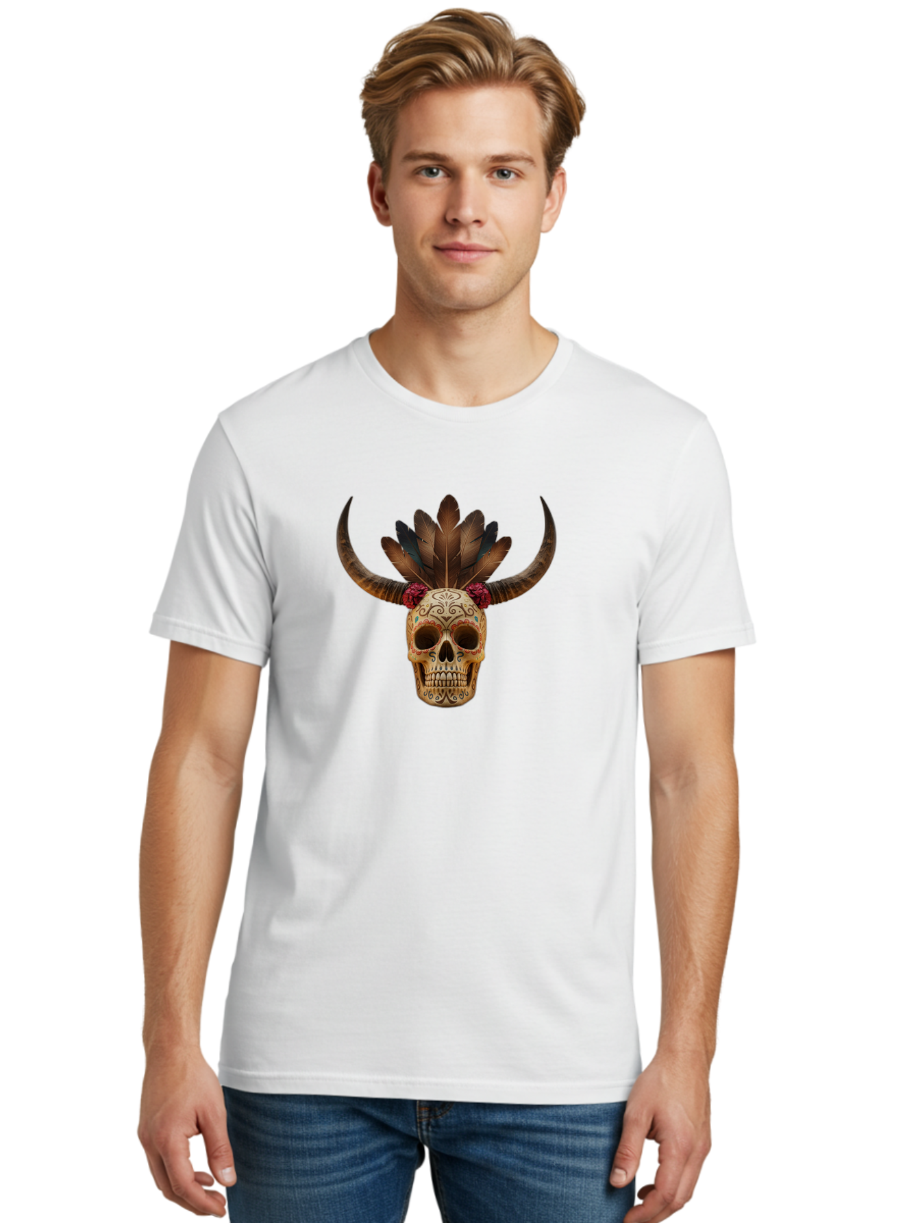 Sugar-Skull-Minotaur Men'S Graphic Tee, 100% Cotton, Comfortable Casual Summer Wear, Machine Washable, Sugar Skull, Minotaur, Bull Skull, Day Of The Dead, Dia De Los Muertos, Tribal Art, Feathered Headdress, Gothic Decor, Skull Art Bad787 19