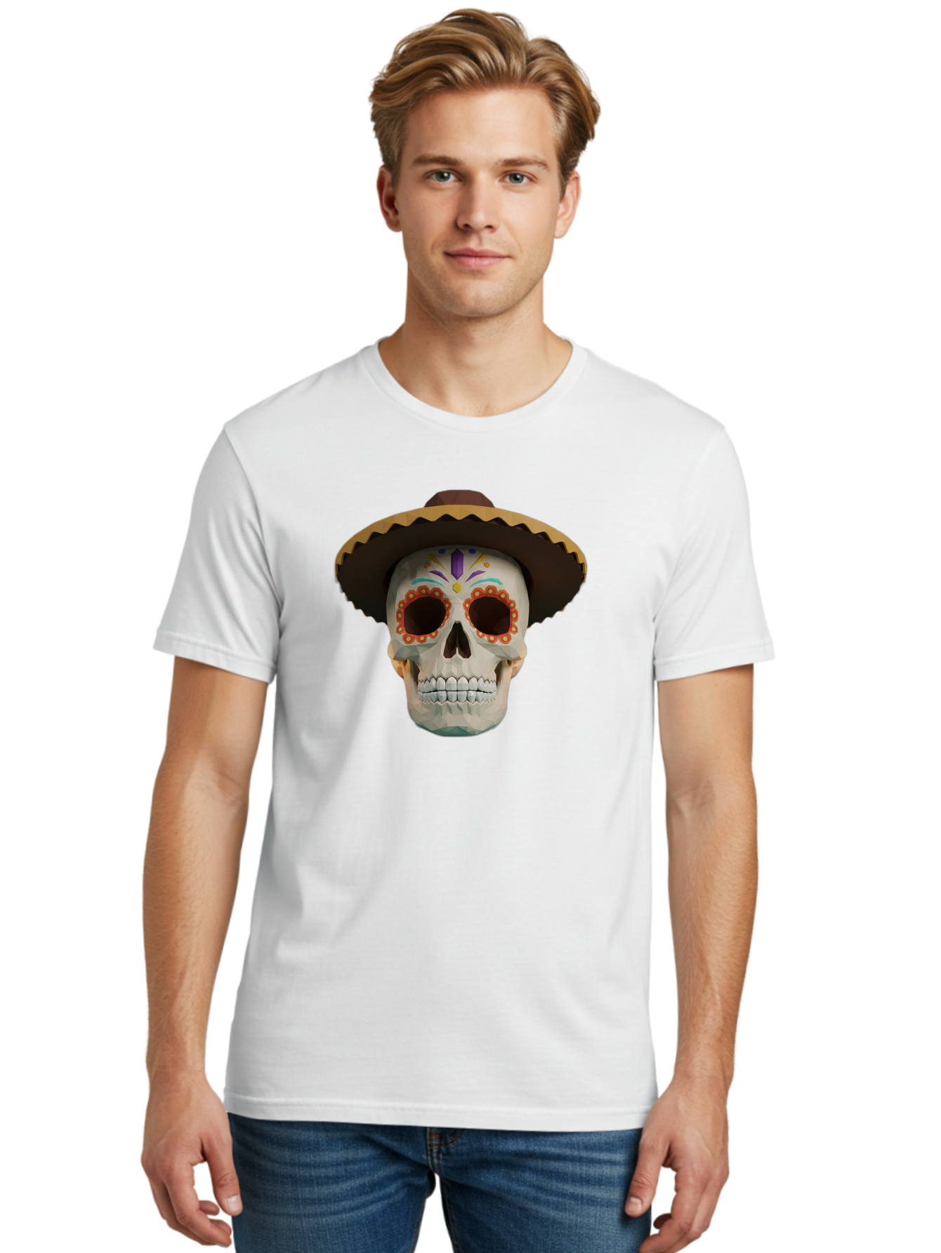 Sugar-Skull-Sombrero Men'S Graphic Tee, 100% Cotton, Comfortable Casual Summer Wear, Machine Washable, Sugar Skull, Sombrero Hat, Mexican Culture, Day Of The Dead, Colorful Designs, Vibrant Patterns, Festive Spirit, Halloween, Bad788 29