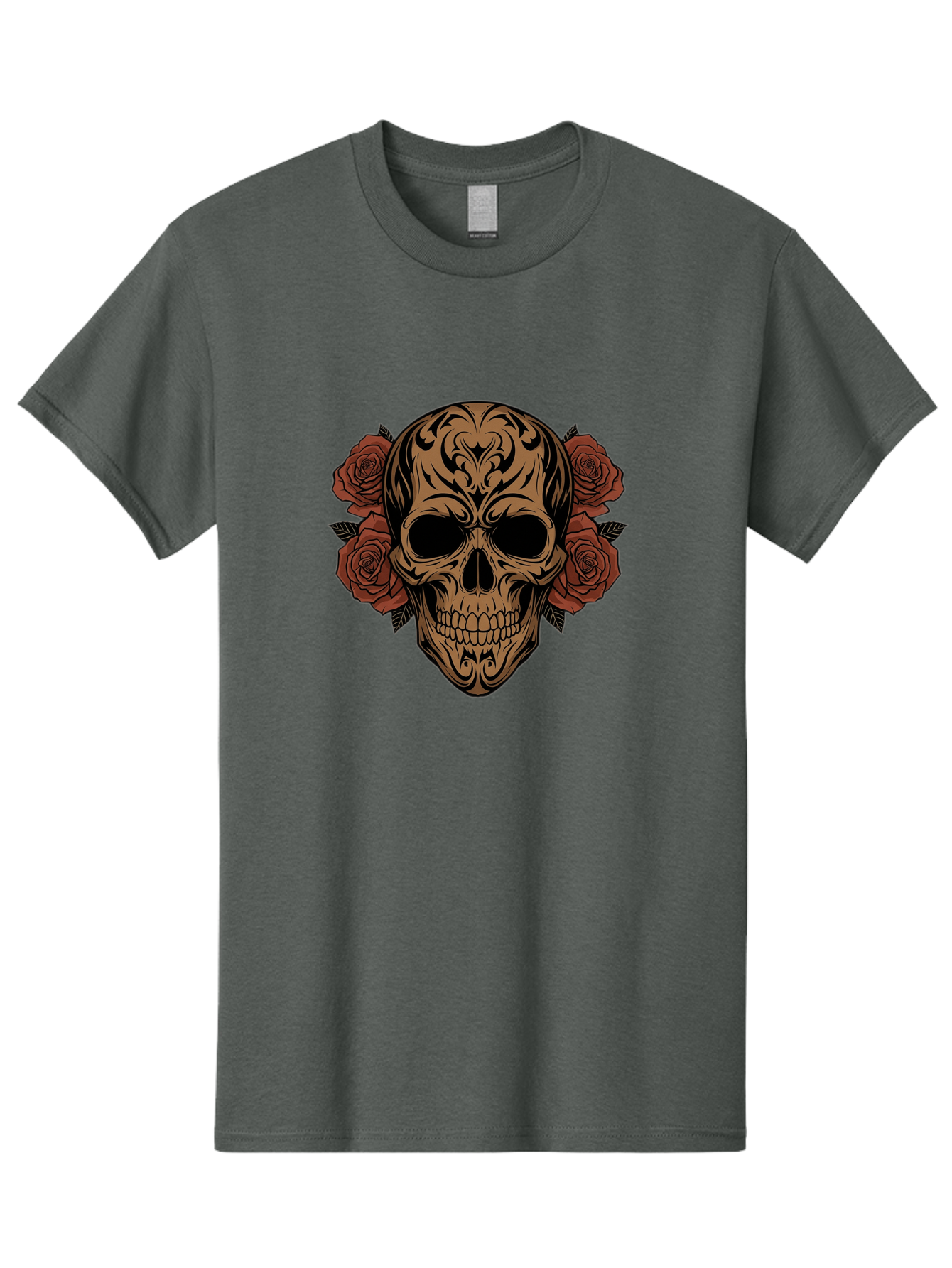 Sugar-Skull-With-Roses-1 Men'S Graphic Tee, 100% Cotton, Comfortable Casual Summer Wear, Machine Washable, Sugar Skull, Floral Design, Red Roses, Black Tribal Patterns, Day Of The Dead, Gothic Art, Tattoo Design, Vibrant Flowers, Dark Art, Bad789 1