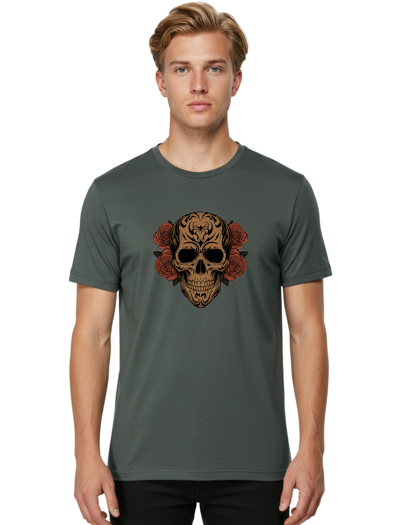 Sugar-Skull-With-Roses-1 Men'S Graphic Tee, 100% Cotton, Comfortable Casual Summer Wear, Machine Washable, Sugar Skull, Floral Design, Red Roses, Black Tribal Patterns, Day Of The Dead, Gothic Art, Tattoo Design, Vibrant Flowers, Dark Art, Bad789 16