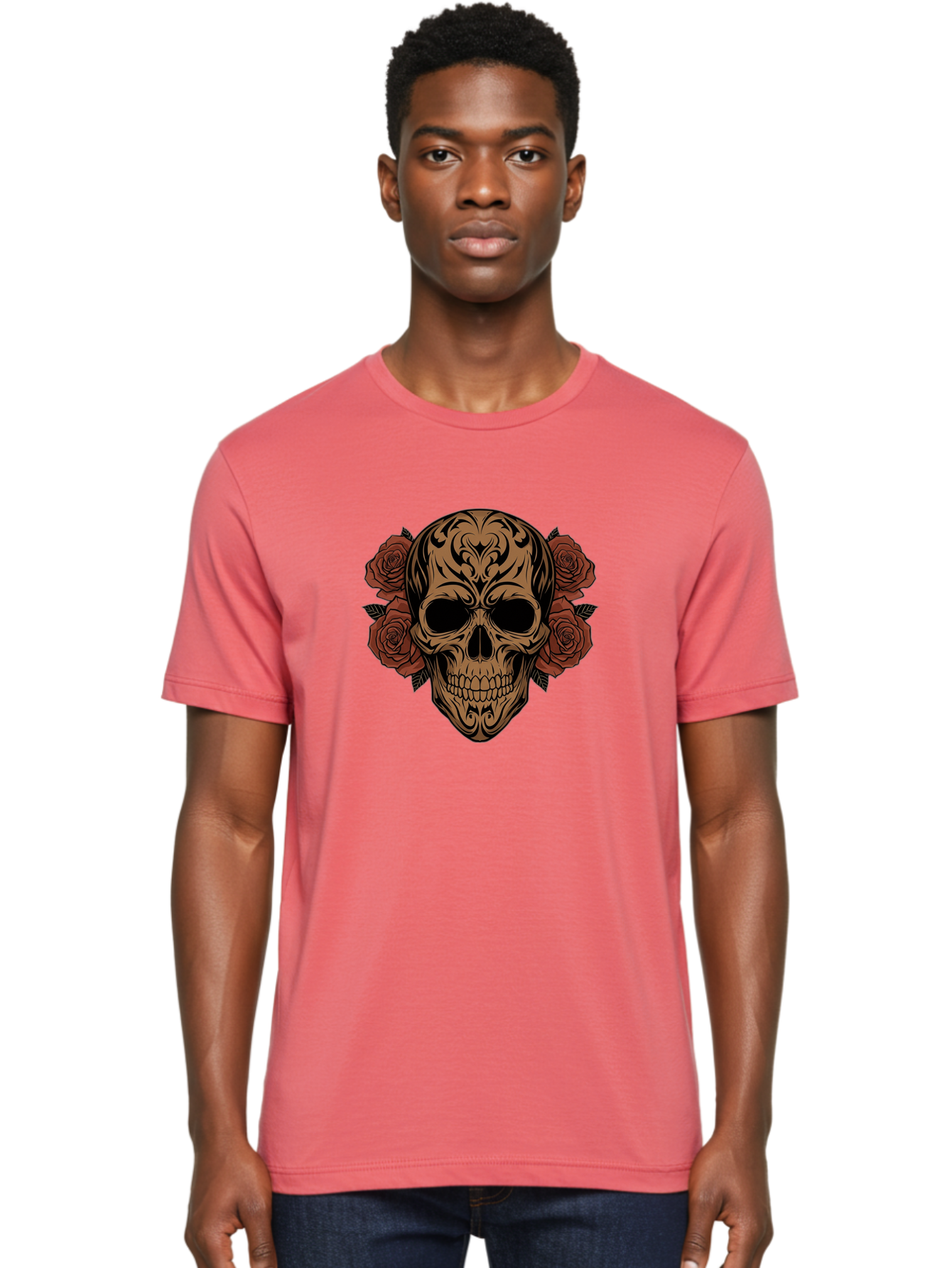 Sugar-Skull-With-Roses-1 Men'S Graphic Tee, 100% Cotton, Comfortable Casual Summer Wear, Machine Washable, Sugar Skull, Floral Design, Red Roses, Black Tribal Patterns, Day Of The Dead, Gothic Art, Tattoo Design, Vibrant Flowers, Dark Art, Bad789 27