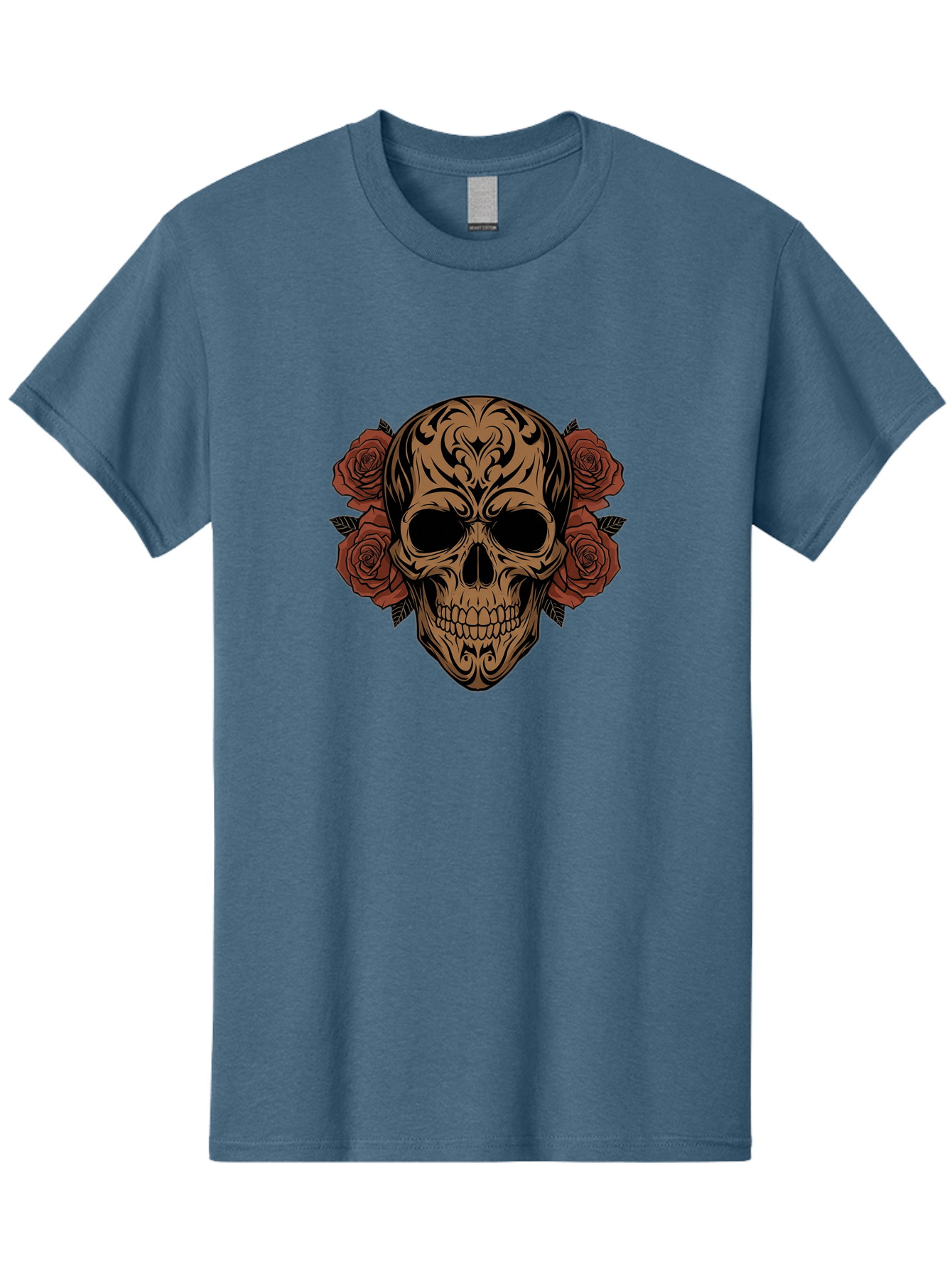 Sugar-Skull-With-Roses-1 Men'S Graphic Tee, 100% Cotton, Comfortable Casual Summer Wear, Machine Washable, Sugar Skull, Floral Design, Red Roses, Black Tribal Patterns, Day Of The Dead, Gothic Art, Tattoo Design, Vibrant Flowers, Dark Art, Bad789 9