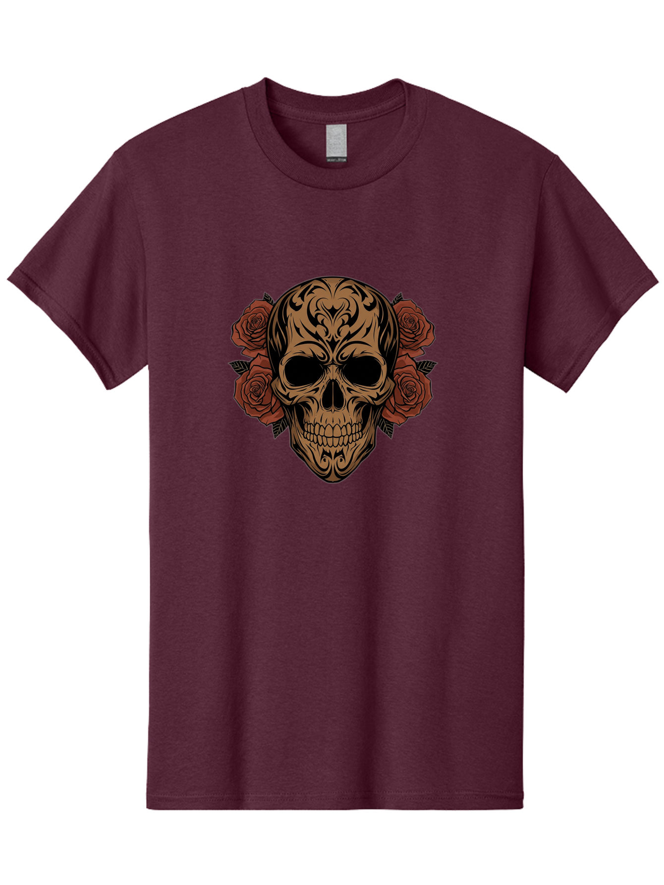 Sugar-Skull-With-Roses-1 Men'S Graphic Tee, 100% Cotton, Comfortable Casual Summer Wear, Machine Washable, Sugar Skull, Floral Design, Red Roses, Black Tribal Patterns, Day Of The Dead, Gothic Art, Tattoo Design, Vibrant Flowers, Dark Art, Bad789 10