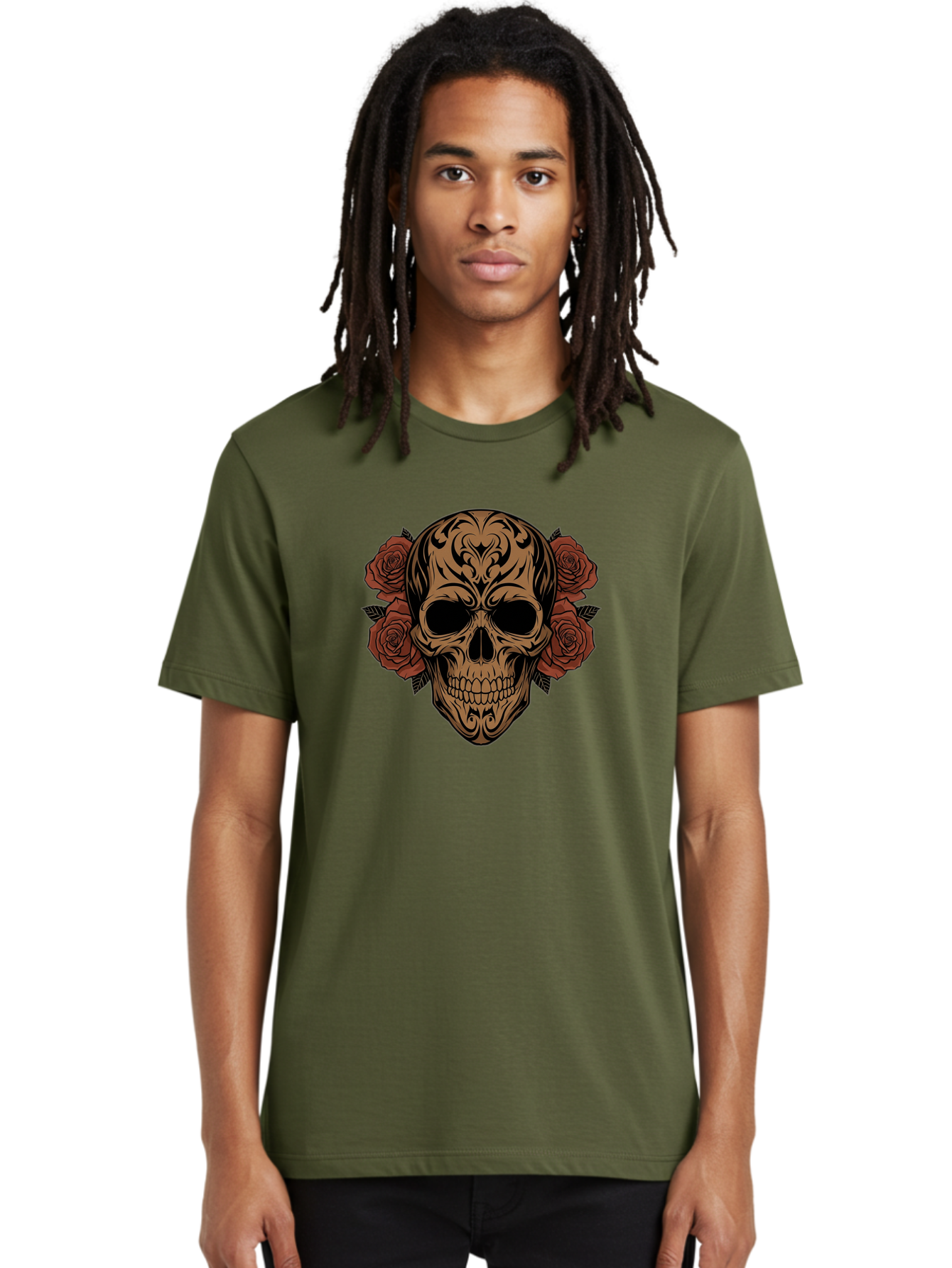 Sugar-Skull-With-Roses-1 Men'S Graphic Tee, 100% Cotton, Comfortable Casual Summer Wear, Machine Washable, Sugar Skull, Floral Design, Red Roses, Black Tribal Patterns, Day Of The Dead, Gothic Art, Tattoo Design, Vibrant Flowers, Dark Art, Bad789 29