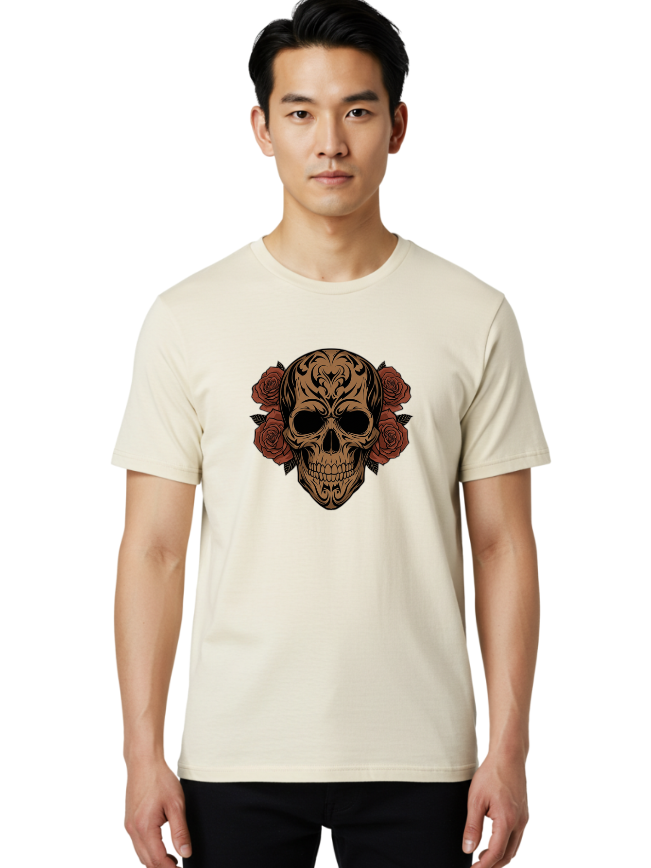 Sugar-Skull-With-Roses-1 Men'S Graphic Tee, 100% Cotton, Comfortable Casual Summer Wear, Machine Washable, Sugar Skull, Floral Design, Red Roses, Black Tribal Patterns, Day Of The Dead, Gothic Art, Tattoo Design, Vibrant Flowers, Dark Art, Bad789 21