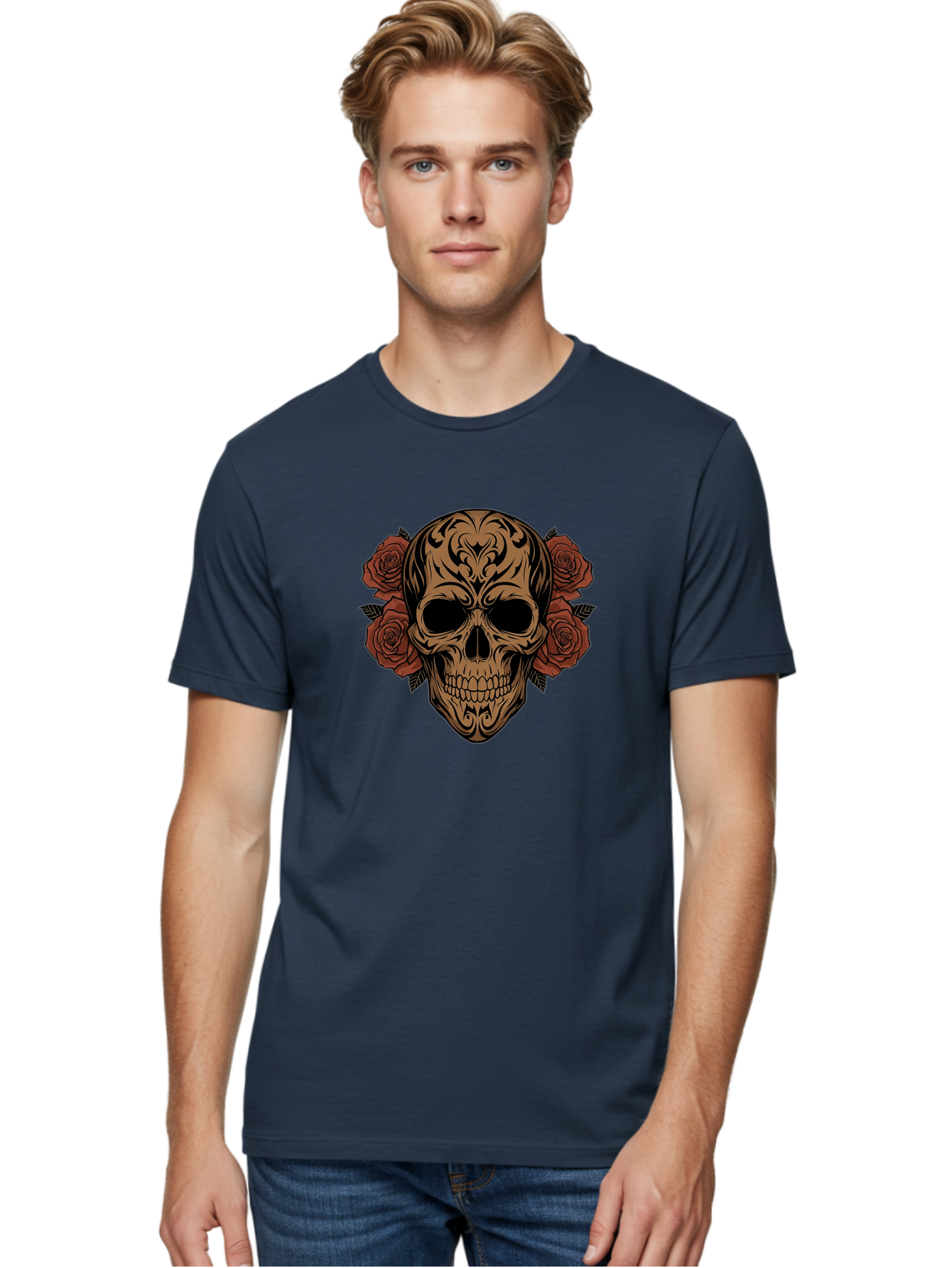 Sugar-Skull-With-Roses-1 Men'S Graphic Tee, 100% Cotton, Comfortable Casual Summer Wear, Machine Washable, Sugar Skull, Floral Design, Red Roses, Black Tribal Patterns, Day Of The Dead, Gothic Art, Tattoo Design, Vibrant Flowers, Dark Art, Bad789 26