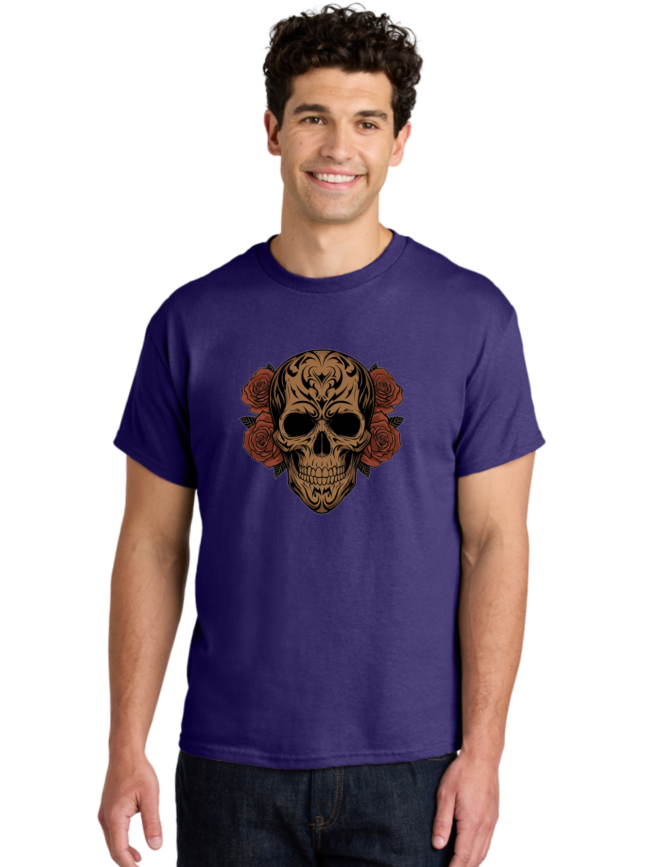 Sugar-Skull-With-Roses-1 Men'S Graphic Tee, 100% Cotton, Comfortable Casual Summer Wear, Machine Washable, Sugar Skull, Floral Design, Red Roses, Black Tribal Patterns, Day Of The Dead, Gothic Art, Tattoo Design, Vibrant Flowers, Dark Art, Bad789 17