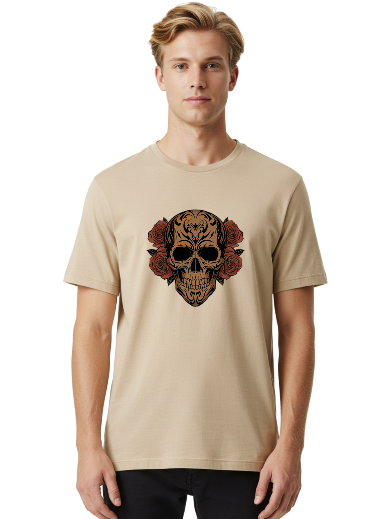 Sugar-Skull-With-Roses-1 Men'S Graphic Tee, 100% Cotton, Comfortable Casual Summer Wear, Machine Washable, Sugar Skull, Floral Design, Red Roses, Black Tribal Patterns, Day Of The Dead, Gothic Art, Tattoo Design, Vibrant Flowers, Dark Art, Bad789 18