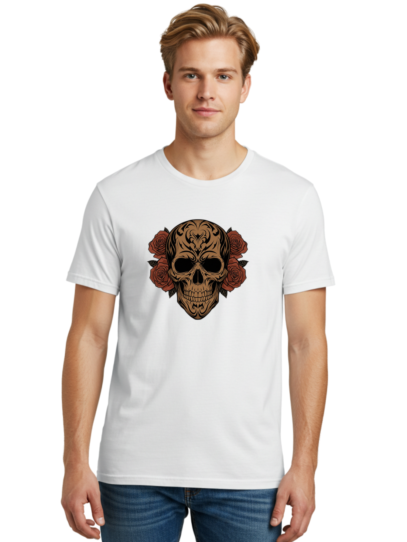 Sugar-Skull-With-Roses-1 Men'S Graphic Tee, 100% Cotton, Comfortable Casual Summer Wear, Machine Washable, Sugar Skull, Floral Design, Red Roses, Black Tribal Patterns, Day Of The Dead, Gothic Art, Tattoo Design, Vibrant Flowers, Dark Art, Bad789 23