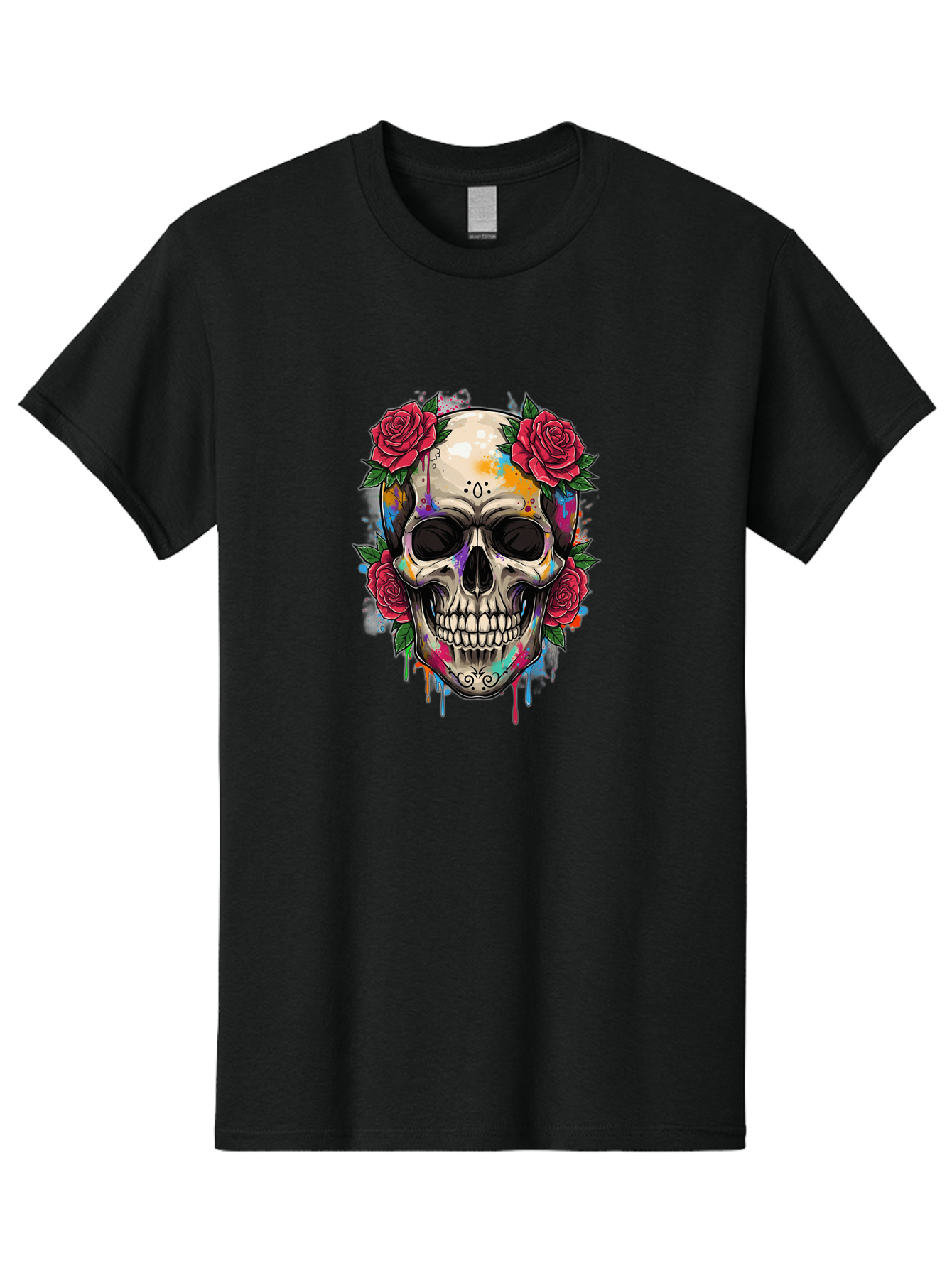 Sugar-Skull-With-Roses-2 Men'S Graphic Tee, 100% Cotton, Comfortable Casual Summer Wear, Machine Washable, Sugar Skull, Skull With Roses, Vibrant Colors, Colorful Skull, Street Art Style, Abstract Art, Day Of The Dead Theme, Red Roses, Bad790 6
