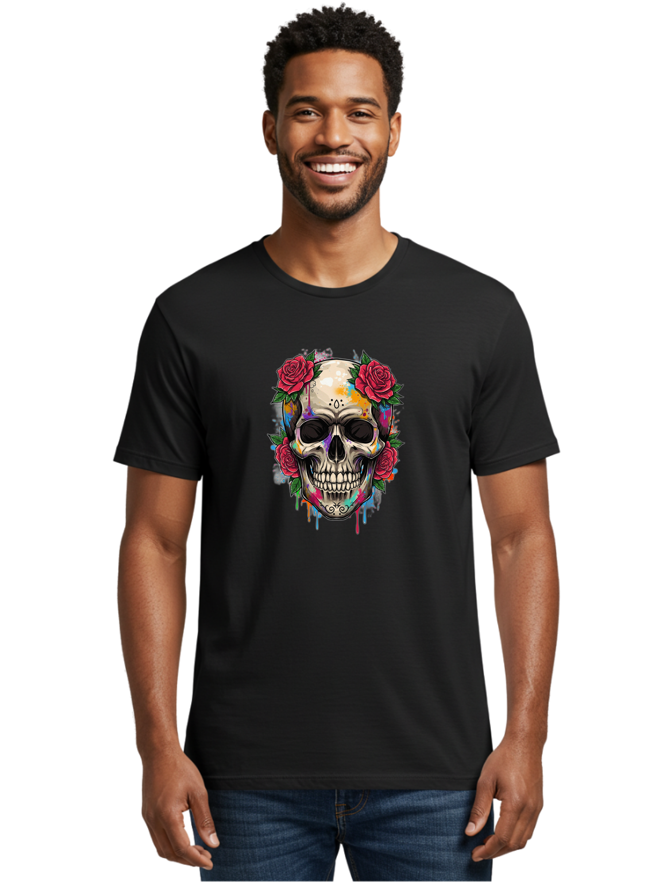 Sugar-Skull-With-Roses-2 Men'S Graphic Tee, 100% Cotton, Comfortable Casual Summer Wear, Machine Washable, Sugar Skull, Skull With Roses, Vibrant Colors, Colorful Skull, Street Art Style, Abstract Art, Day Of The Dead Theme, Red Roses, Bad790 21