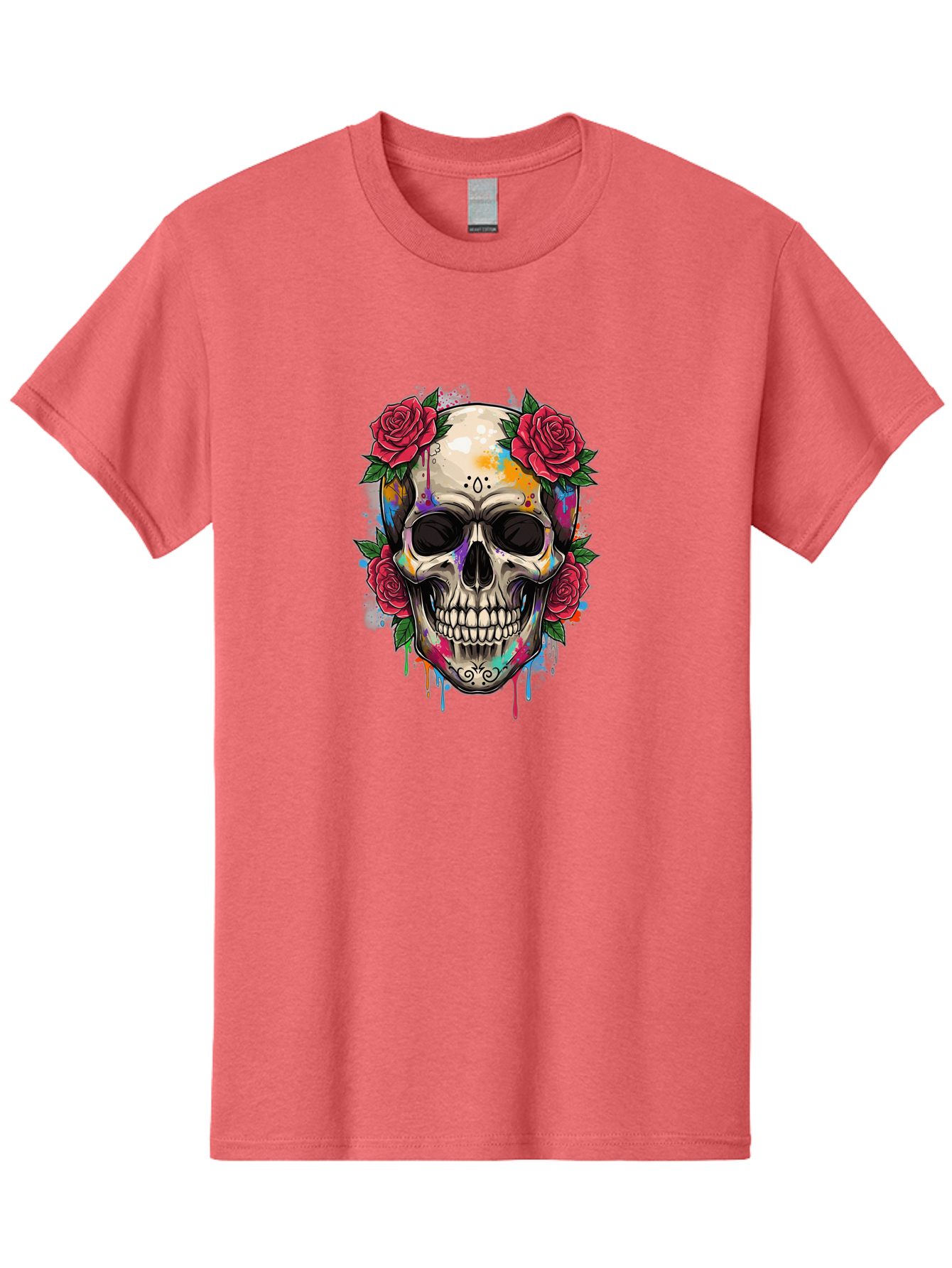 Sugar-Skull-With-Roses-2 Men'S Graphic Tee, 100% Cotton, Comfortable Casual Summer Wear, Machine Washable, Sugar Skull, Skull With Roses, Vibrant Colors, Colorful Skull, Street Art Style, Abstract Art, Day Of The Dead Theme, Red Roses, Bad790 10