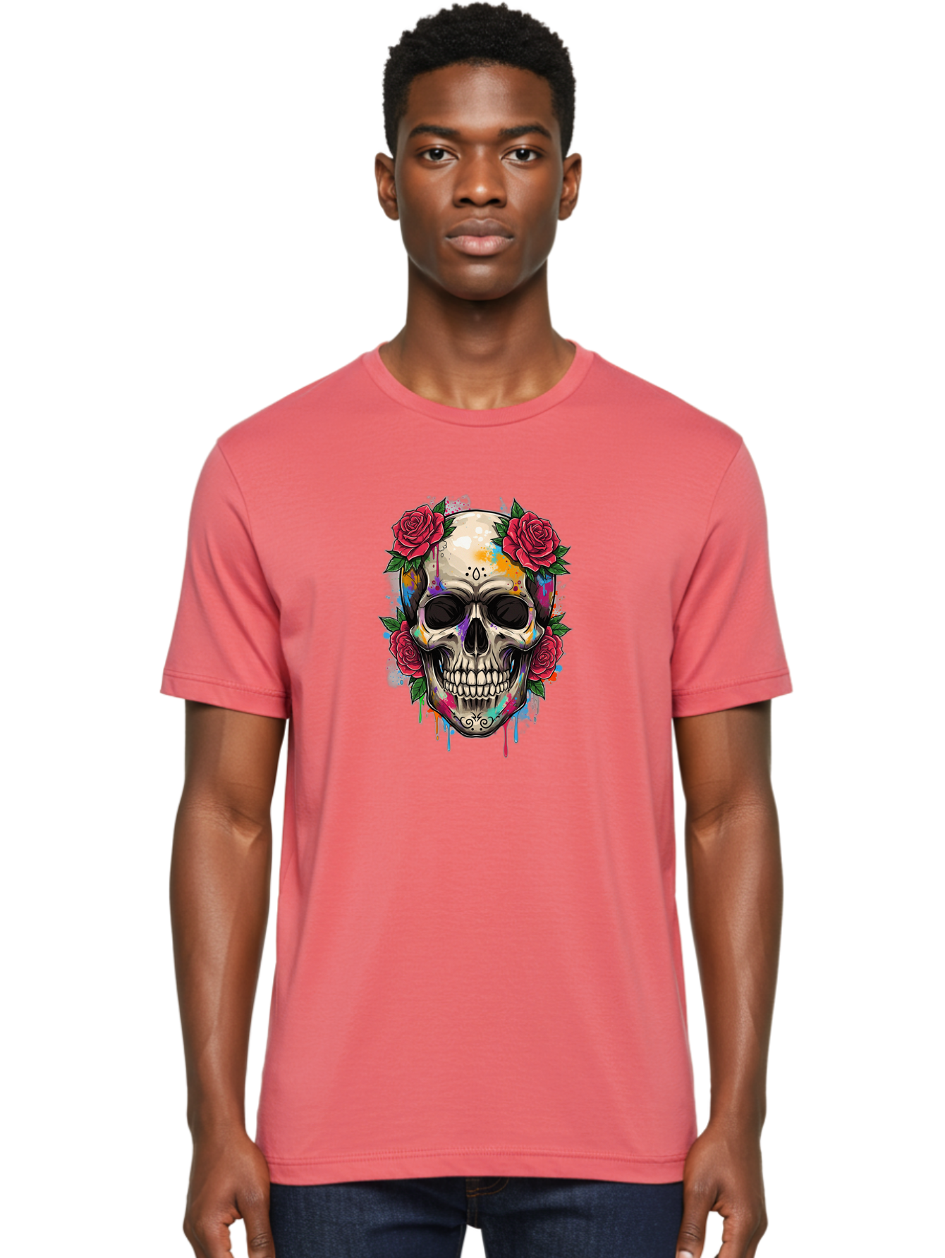 Sugar-Skull-With-Roses-2 Men'S Graphic Tee, 100% Cotton, Comfortable Casual Summer Wear, Machine Washable, Sugar Skull, Skull With Roses, Vibrant Colors, Colorful Skull, Street Art Style, Abstract Art, Day Of The Dead Theme, Red Roses, Bad790 25