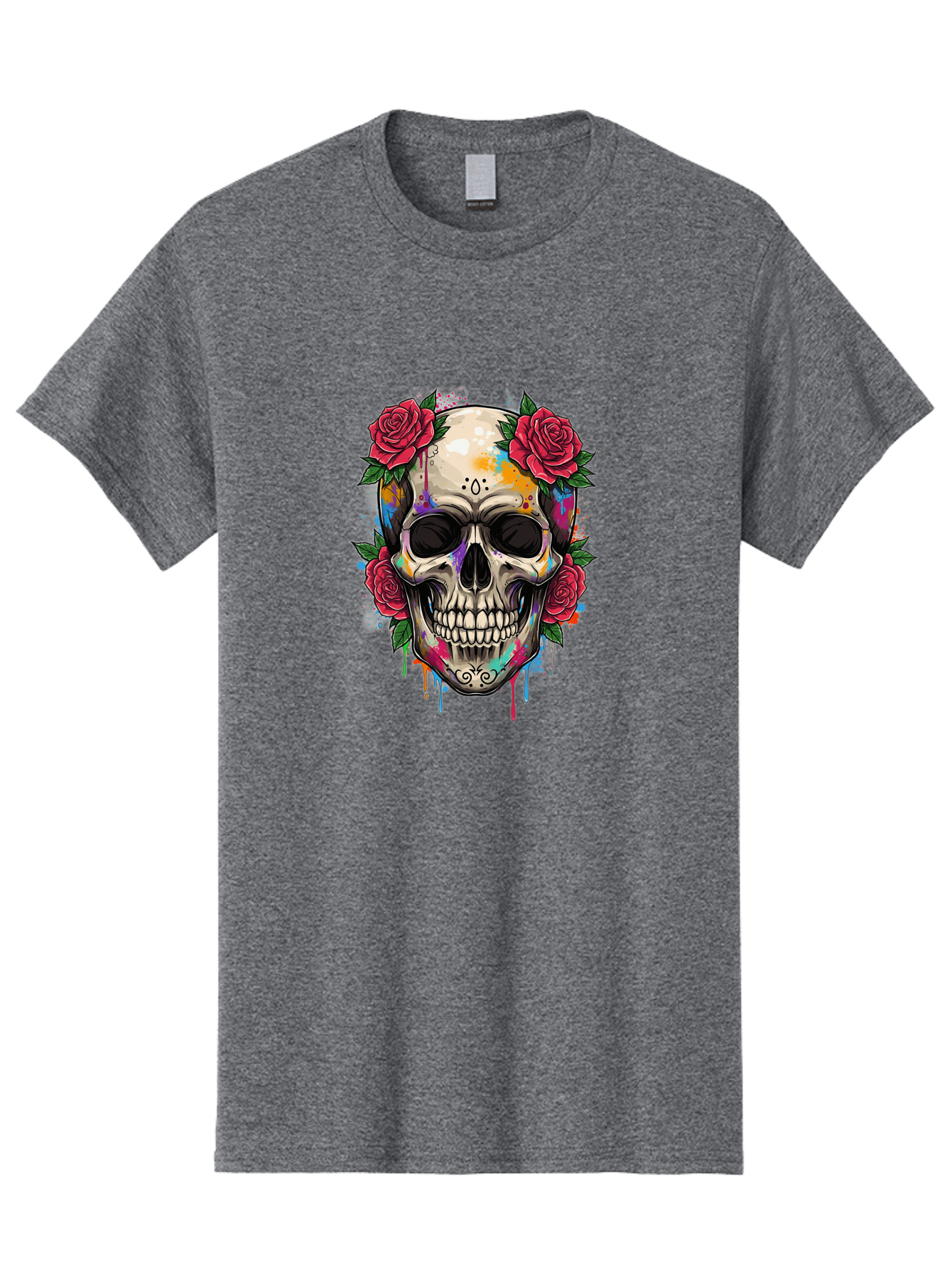 Sugar-Skull-With-Roses-2 Men'S Graphic Tee, 100% Cotton, Comfortable Casual Summer Wear, Machine Washable, Sugar Skull, Skull With Roses, Vibrant Colors, Colorful Skull, Street Art Style, Abstract Art, Day Of The Dead Theme, Red Roses, Bad790 9