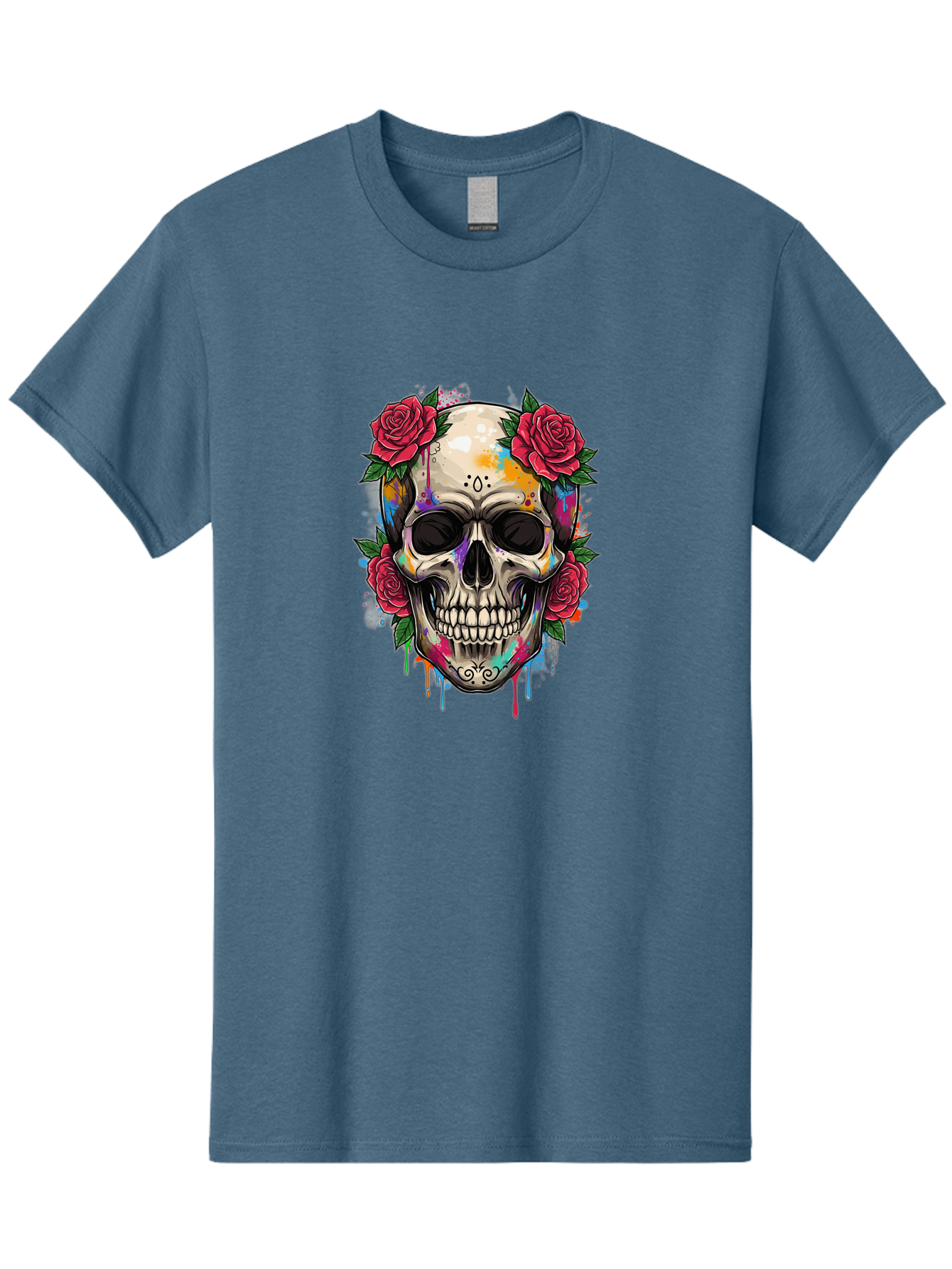 Sugar-Skull-With-Roses-2 Men'S Graphic Tee, 100% Cotton, Comfortable Casual Summer Wear, Machine Washable, Sugar Skull, Skull With Roses, Vibrant Colors, Colorful Skull, Street Art Style, Abstract Art, Day Of The Dead Theme, Red Roses, Bad790 14