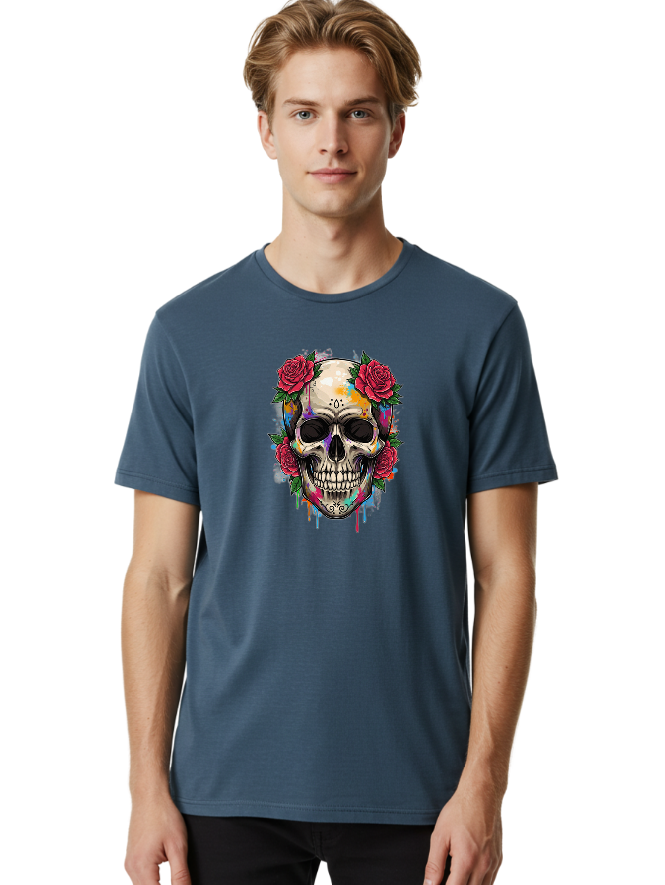 Sugar-Skull-With-Roses-2 Men'S Graphic Tee, 100% Cotton, Comfortable Casual Summer Wear, Machine Washable, Sugar Skull, Skull With Roses, Vibrant Colors, Colorful Skull, Street Art Style, Abstract Art, Day Of The Dead Theme, Red Roses, Bad790 29