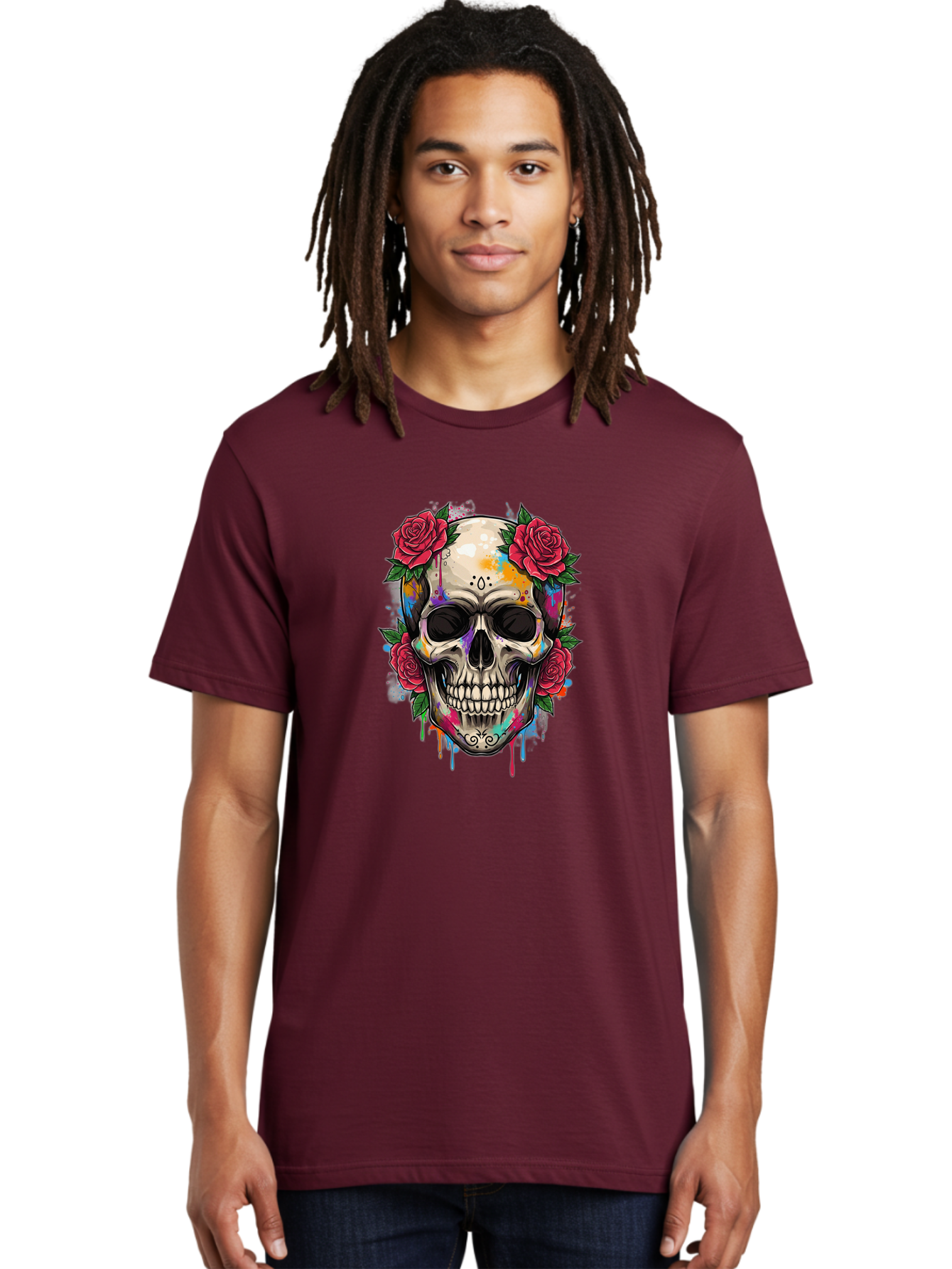 Sugar-Skull-With-Roses-2 Men'S Graphic Tee, 100% Cotton, Comfortable Casual Summer Wear, Machine Washable, Sugar Skull, Skull With Roses, Vibrant Colors, Colorful Skull, Street Art Style, Abstract Art, Day Of The Dead Theme, Red Roses, Bad790 20