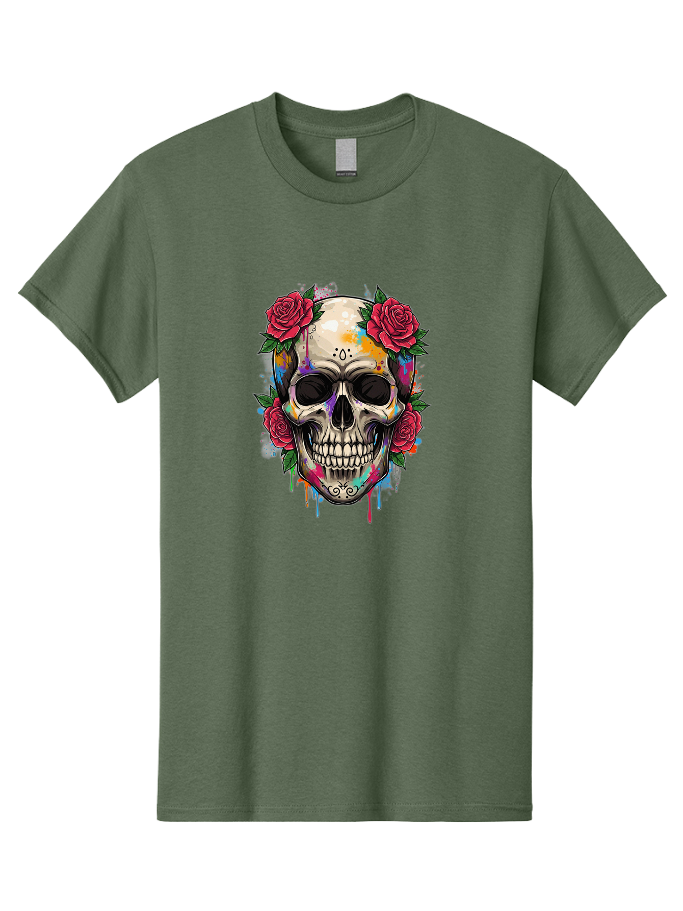 Sugar-Skull-With-Roses-2 Men'S Graphic Tee, 100% Cotton, Comfortable Casual Summer Wear, Machine Washable, Sugar Skull, Skull With Roses, Vibrant Colors, Colorful Skull, Street Art Style, Abstract Art, Day Of The Dead Theme, Red Roses, Bad790 11