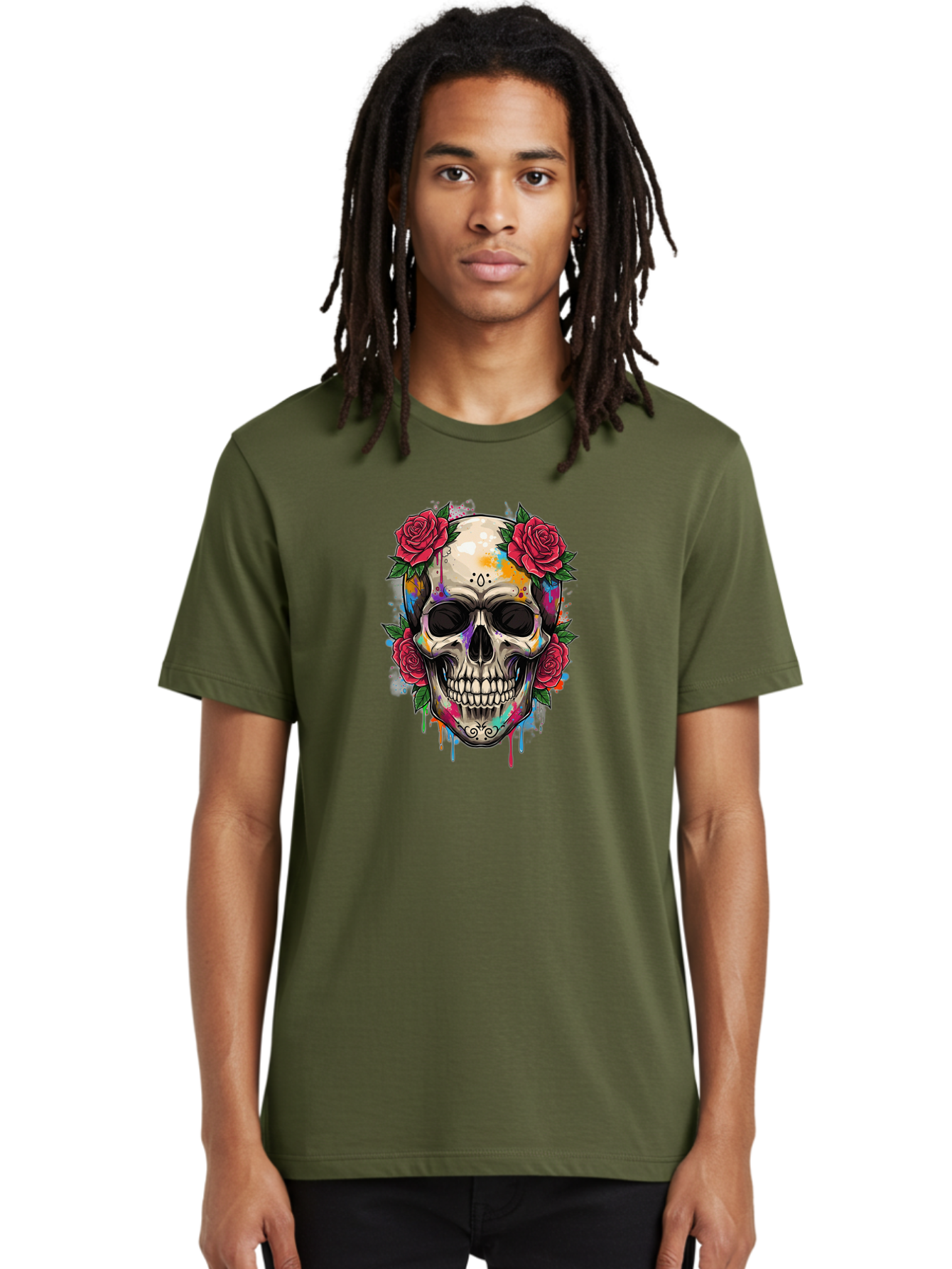 Sugar-Skull-With-Roses-2 Men'S Graphic Tee, 100% Cotton, Comfortable Casual Summer Wear, Machine Washable, Sugar Skull, Skull With Roses, Vibrant Colors, Colorful Skull, Street Art Style, Abstract Art, Day Of The Dead Theme, Red Roses, Bad790 26