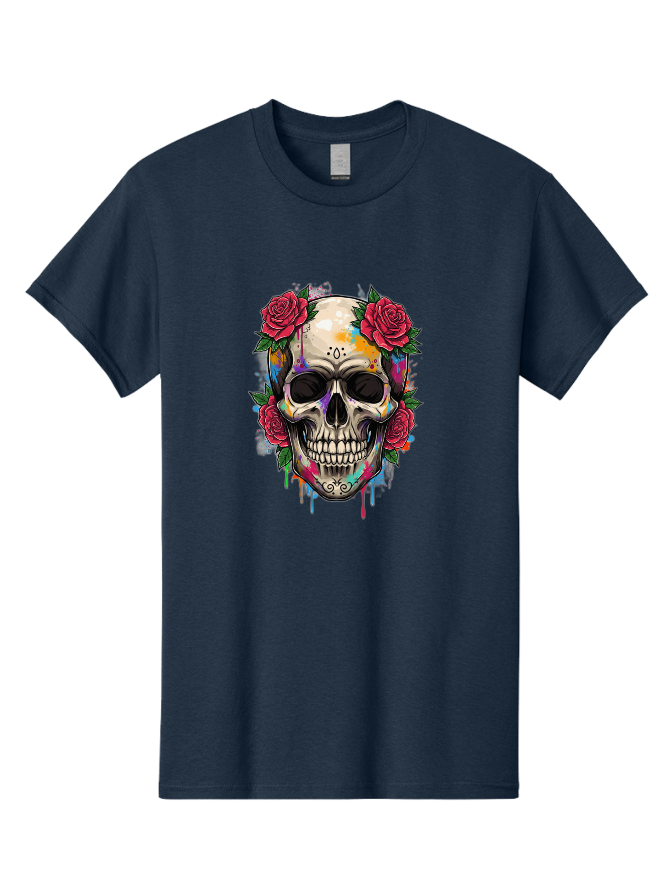 Sugar-Skull-With-Roses-2 Men'S Graphic Tee, 100% Cotton, Comfortable Casual Summer Wear, Machine Washable, Sugar Skull, Skull With Roses, Vibrant Colors, Colorful Skull, Street Art Style, Abstract Art, Day Of The Dead Theme, Red Roses, Bad790 3