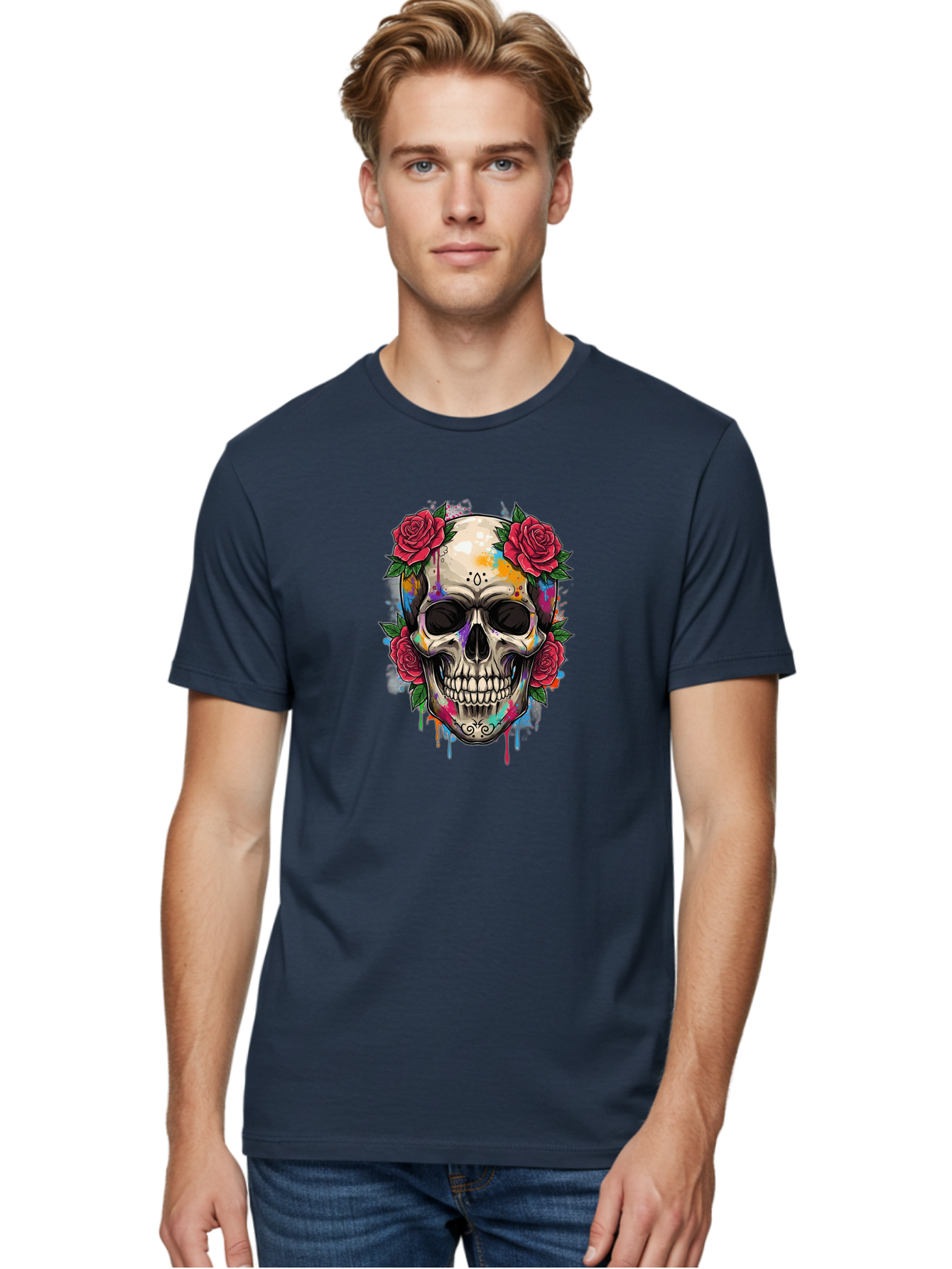 Sugar-Skull-With-Roses-2 Men'S Graphic Tee, 100% Cotton, Comfortable Casual Summer Wear, Machine Washable, Sugar Skull, Skull With Roses, Vibrant Colors, Colorful Skull, Street Art Style, Abstract Art, Day Of The Dead Theme, Red Roses, Bad790 18