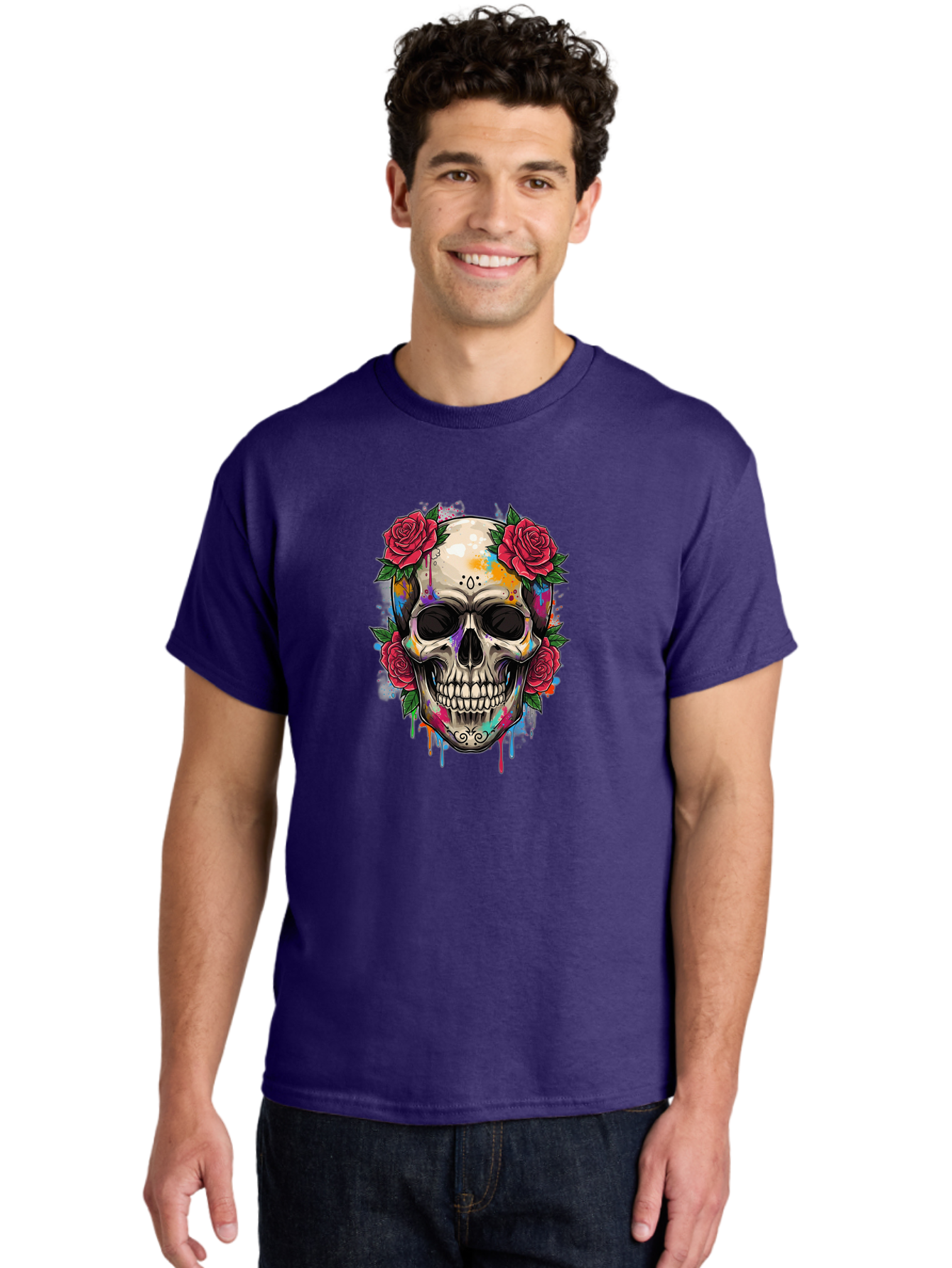 Sugar-Skull-With-Roses-2 Men'S Graphic Tee, 100% Cotton, Comfortable Casual Summer Wear, Machine Washable, Sugar Skull, Skull With Roses, Vibrant Colors, Colorful Skull, Street Art Style, Abstract Art, Day Of The Dead Theme, Red Roses, Bad790 30