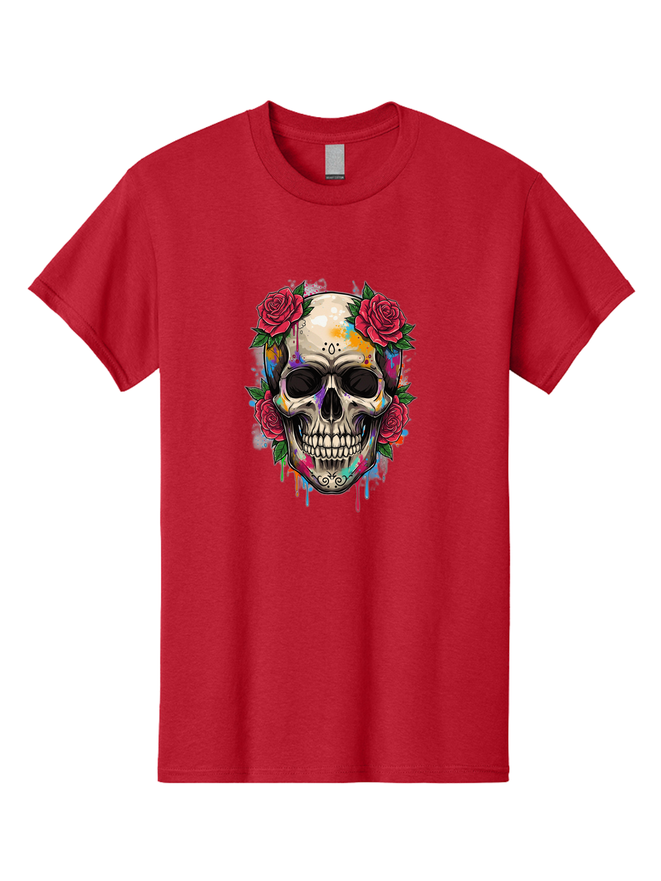 Sugar-Skull-With-Roses-2 Men'S Graphic Tee, 100% Cotton, Comfortable Casual Summer Wear, Machine Washable, Sugar Skull, Skull With Roses, Vibrant Colors, Colorful Skull, Street Art Style, Abstract Art, Day Of The Dead Theme, Red Roses, Bad790 7