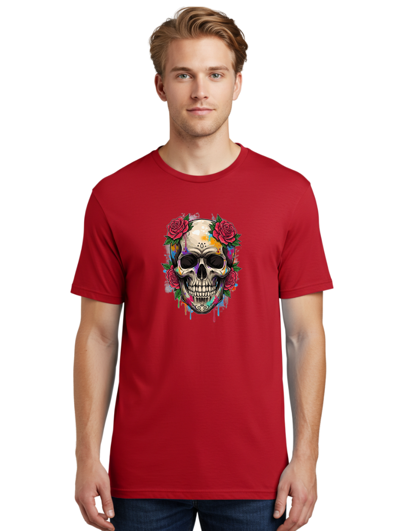 Sugar-Skull-With-Roses-2 Men'S Graphic Tee, 100% Cotton, Comfortable Casual Summer Wear, Machine Washable, Sugar Skull, Skull With Roses, Vibrant Colors, Colorful Skull, Street Art Style, Abstract Art, Day Of The Dead Theme, Red Roses, Bad790 22