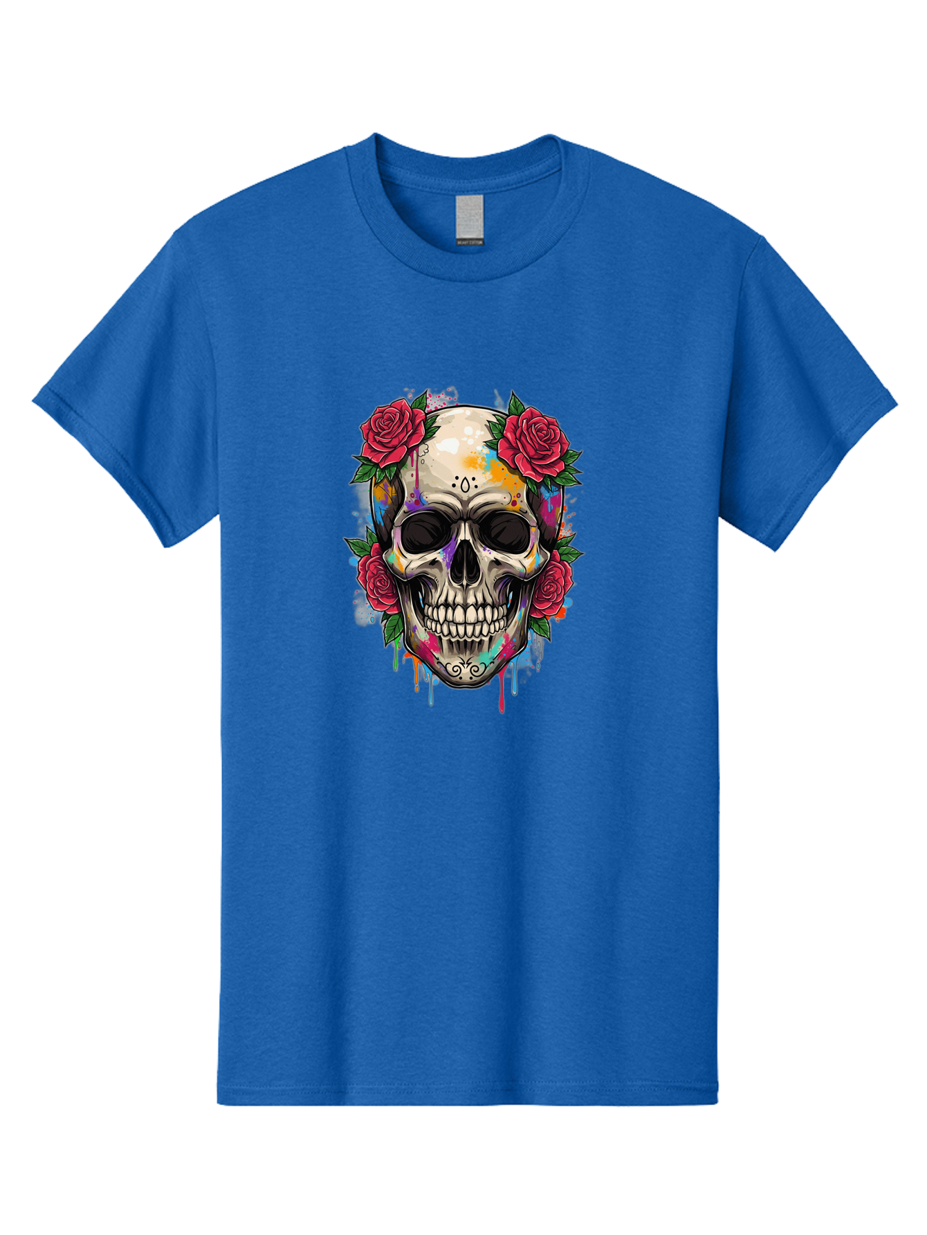 Sugar-Skull-With-Roses-2 Men'S Graphic Tee, 100% Cotton, Comfortable Casual Summer Wear, Machine Washable, Sugar Skull, Skull With Roses, Vibrant Colors, Colorful Skull, Street Art Style, Abstract Art, Day Of The Dead Theme, Red Roses, Bad790 12