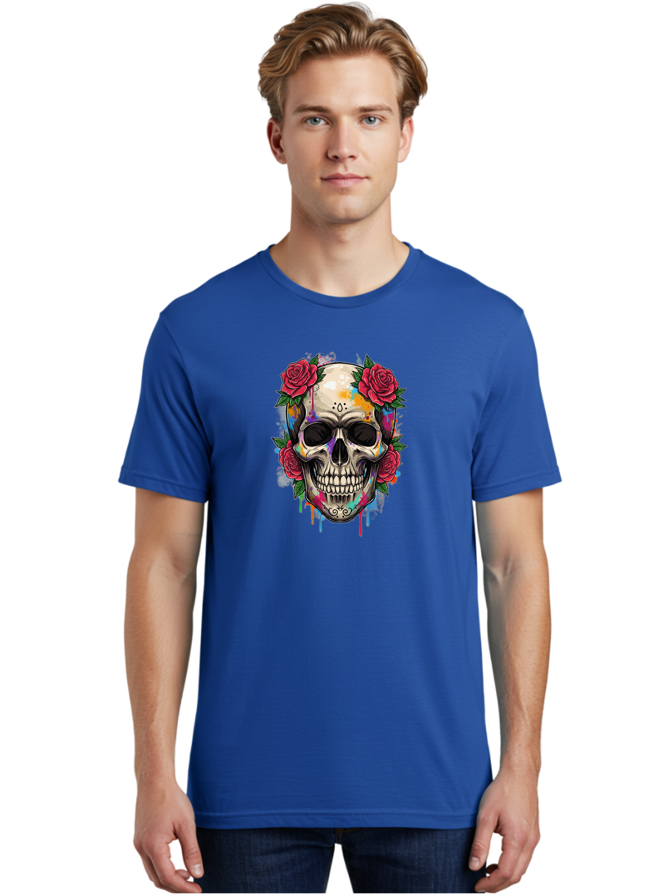 Sugar-Skull-With-Roses-2 Men'S Graphic Tee, 100% Cotton, Comfortable Casual Summer Wear, Machine Washable, Sugar Skull, Skull With Roses, Vibrant Colors, Colorful Skull, Street Art Style, Abstract Art, Day Of The Dead Theme, Red Roses, Bad790 27