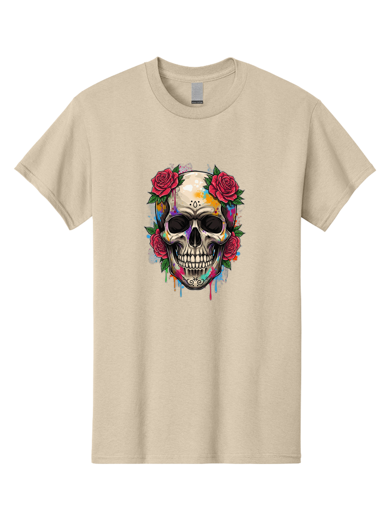 Sugar-Skull-With-Roses-2 Men'S Graphic Tee, 100% Cotton, Comfortable Casual Summer Wear, Machine Washable, Sugar Skull, Skull With Roses, Vibrant Colors, Colorful Skull, Street Art Style, Abstract Art, Day Of The Dead Theme, Red Roses, Bad790 8