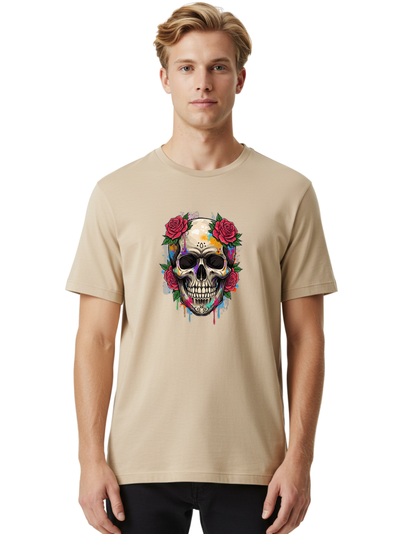 Sugar-Skull-With-Roses-2 Men'S Graphic Tee, 100% Cotton, Comfortable Casual Summer Wear, Machine Washable, Sugar Skull, Skull With Roses, Vibrant Colors, Colorful Skull, Street Art Style, Abstract Art, Day Of The Dead Theme, Red Roses, Bad790 23