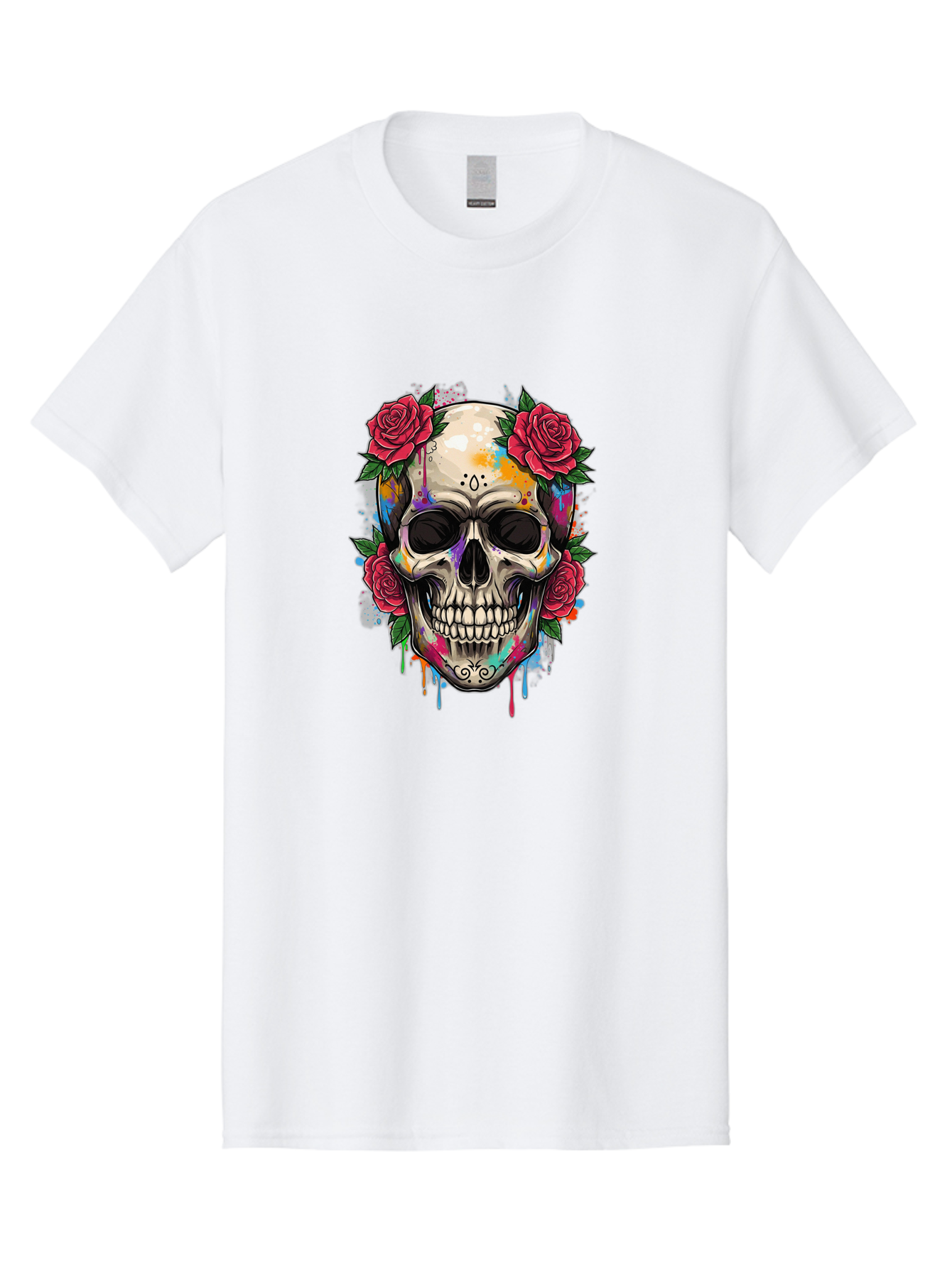 Sugar-Skull-With-Roses-2 Men'S Graphic Tee, 100% Cotton, Comfortable Casual Summer Wear, Machine Washable, Sugar Skull, Skull With Roses, Vibrant Colors, Colorful Skull, Street Art Style, Abstract Art, Day Of The Dead Theme, Red Roses, Bad790 4