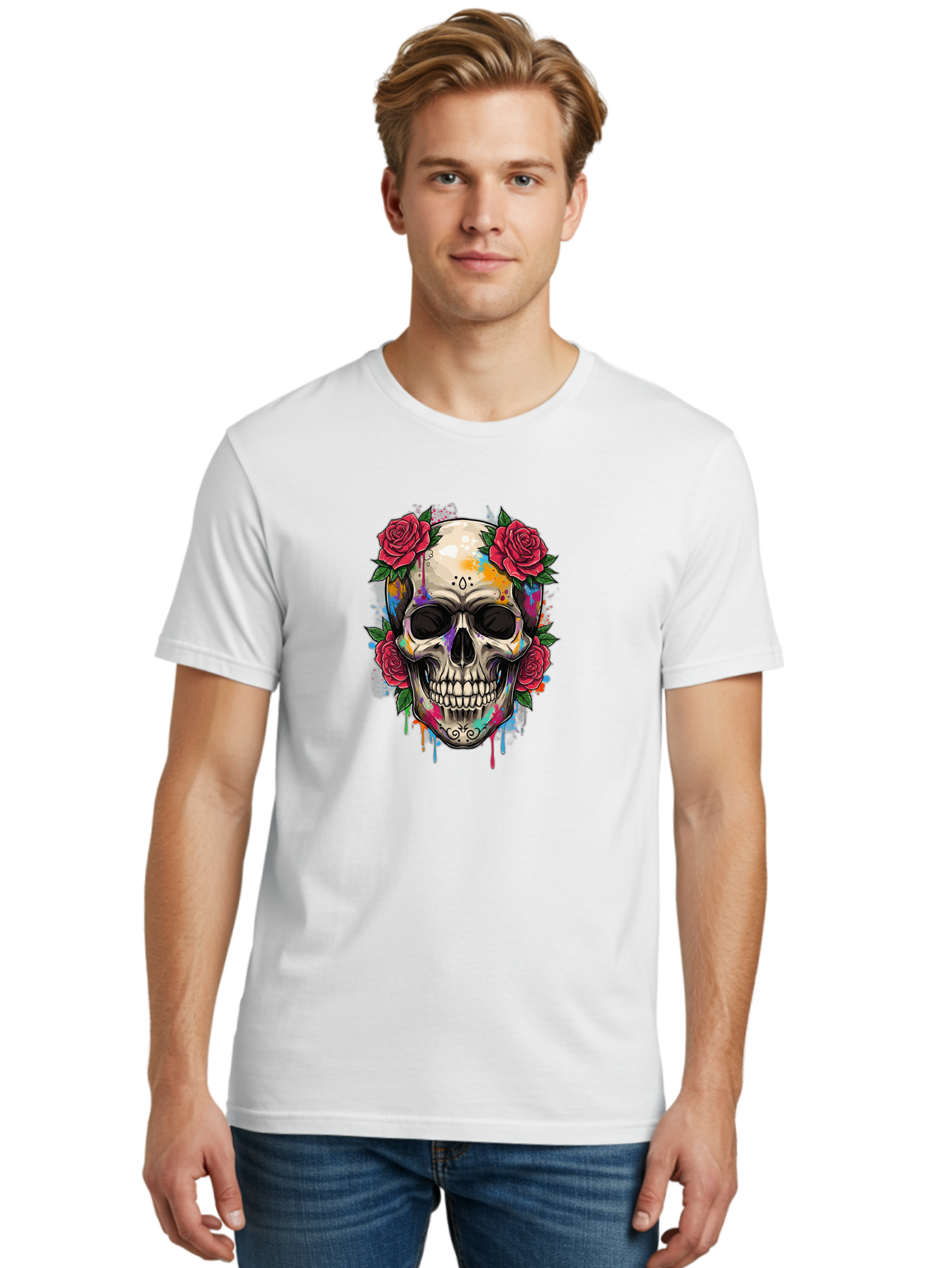 Sugar-Skull-With-Roses-2 Men'S Graphic Tee, 100% Cotton, Comfortable Casual Summer Wear, Machine Washable, Sugar Skull, Skull With Roses, Vibrant Colors, Colorful Skull, Street Art Style, Abstract Art, Day Of The Dead Theme, Red Roses, Bad790 19
