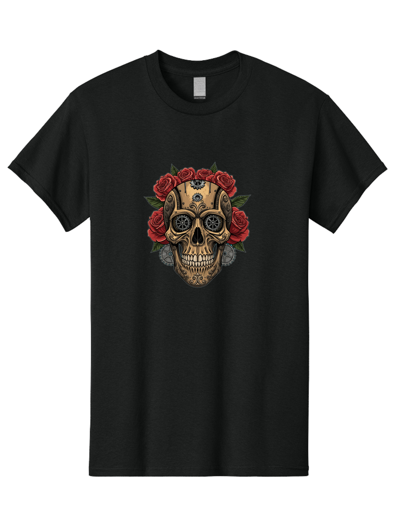 Sugar-Skull-With-Roses Men'S Graphic Tee, 100% Cotton, Comfortable Casual Summer Wear, Machine Washable, Sugar Skull, Day Of The Dead, Mechanical Parts, Floral Wreath, Red Roses, Gothic Design, Steampunk Style, Intricate Details, Bad791 5