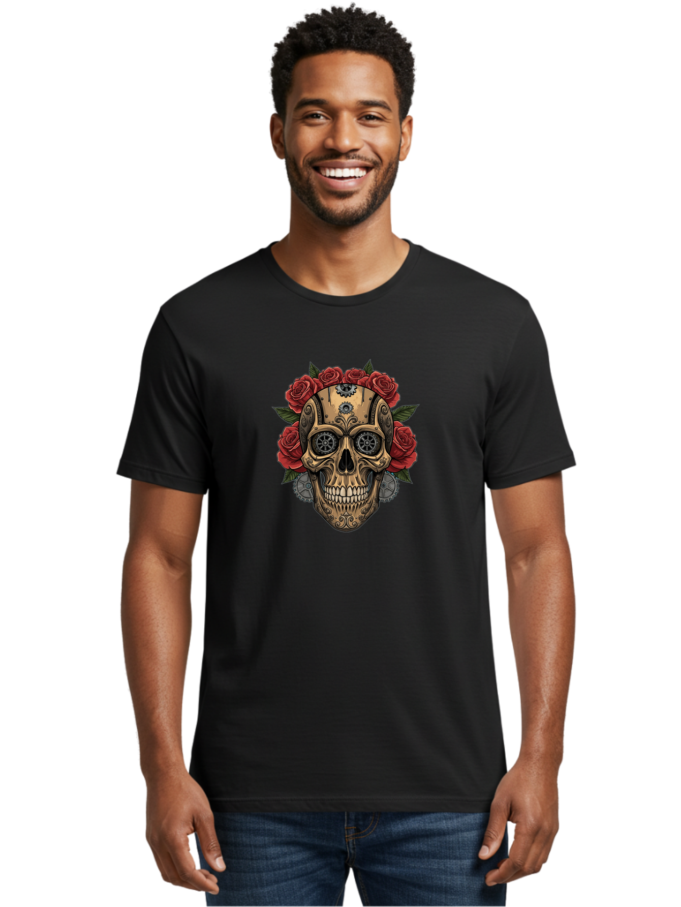 Sugar-Skull-With-Roses Men'S Graphic Tee, 100% Cotton, Comfortable Casual Summer Wear, Machine Washable, Sugar Skull, Day Of The Dead, Mechanical Parts, Floral Wreath, Red Roses, Gothic Design, Steampunk Style, Intricate Details, Bad791 20