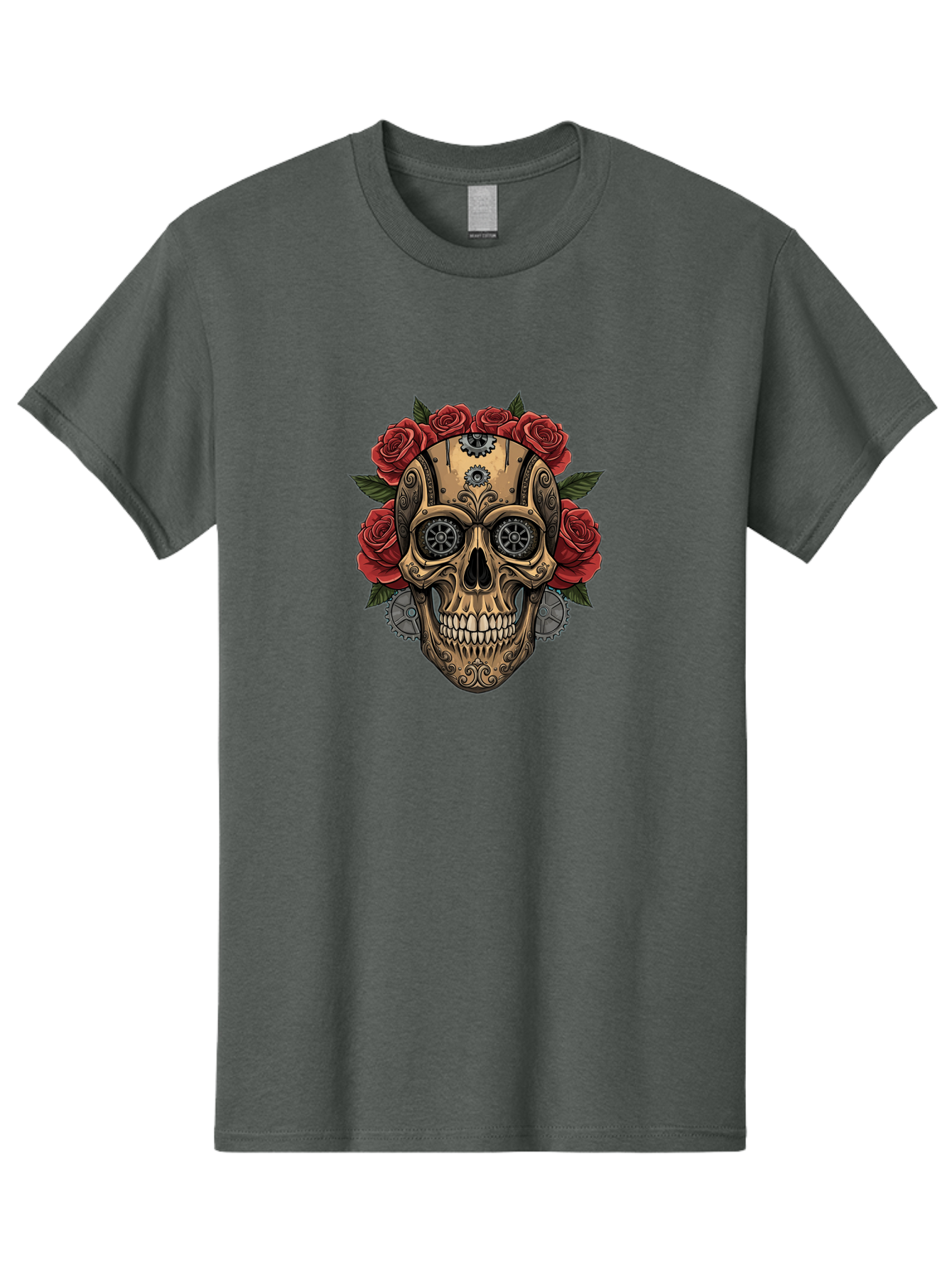 Sugar-Skull-With-Roses Men'S Graphic Tee, 100% Cotton, Comfortable Casual Summer Wear, Machine Washable, Sugar Skull, Day Of The Dead, Mechanical Parts, Floral Wreath, Red Roses, Gothic Design, Steampunk Style, Intricate Details, Bad791 12