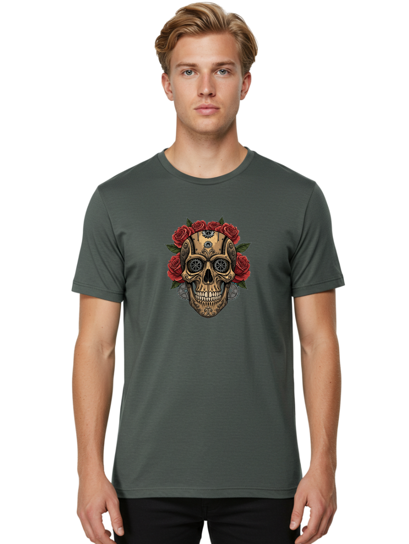 Sugar-Skull-With-Roses Men'S Graphic Tee, 100% Cotton, Comfortable Casual Summer Wear, Machine Washable, Sugar Skull, Day Of The Dead, Mechanical Parts, Floral Wreath, Red Roses, Gothic Design, Steampunk Style, Intricate Details, Bad791 27