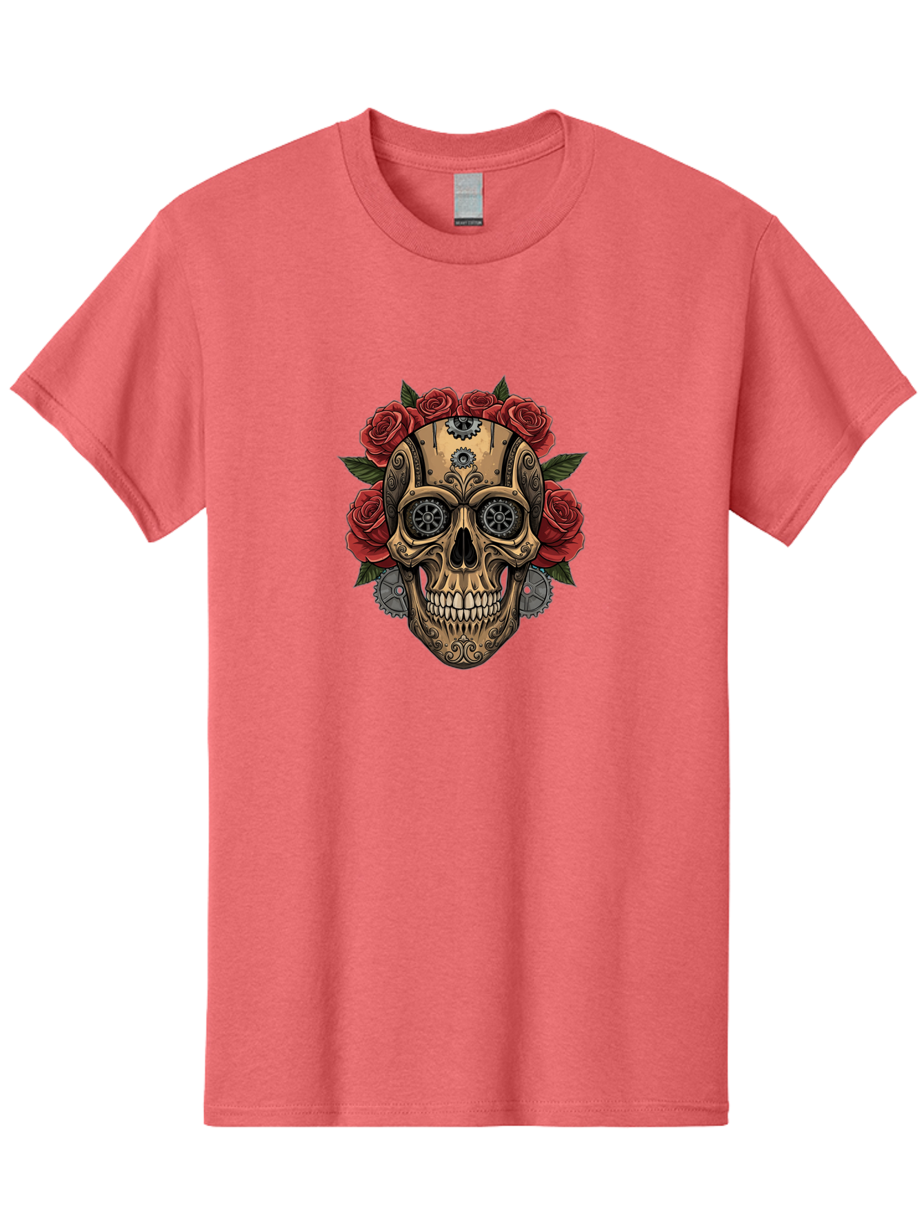 Sugar-Skull-With-Roses Men'S Graphic Tee, 100% Cotton, Comfortable Casual Summer Wear, Machine Washable, Sugar Skull, Day Of The Dead, Mechanical Parts, Floral Wreath, Red Roses, Gothic Design, Steampunk Style, Intricate Details, Bad791 3