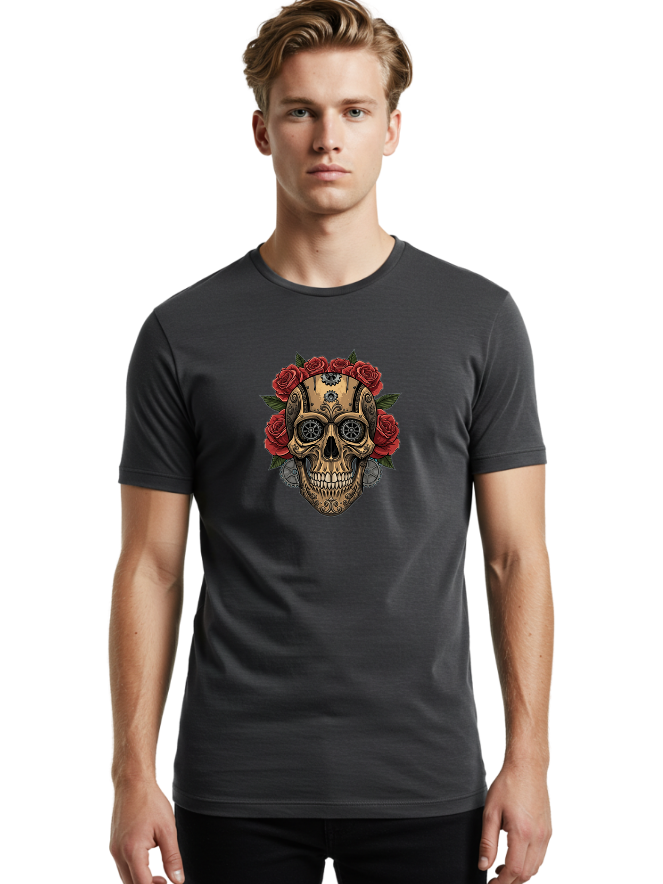 Sugar-Skull-With-Roses Men'S Graphic Tee, 100% Cotton, Comfortable Casual Summer Wear, Machine Washable, Sugar Skull, Day Of The Dead, Mechanical Parts, Floral Wreath, Red Roses, Gothic Design, Steampunk Style, Intricate Details, Bad791 17