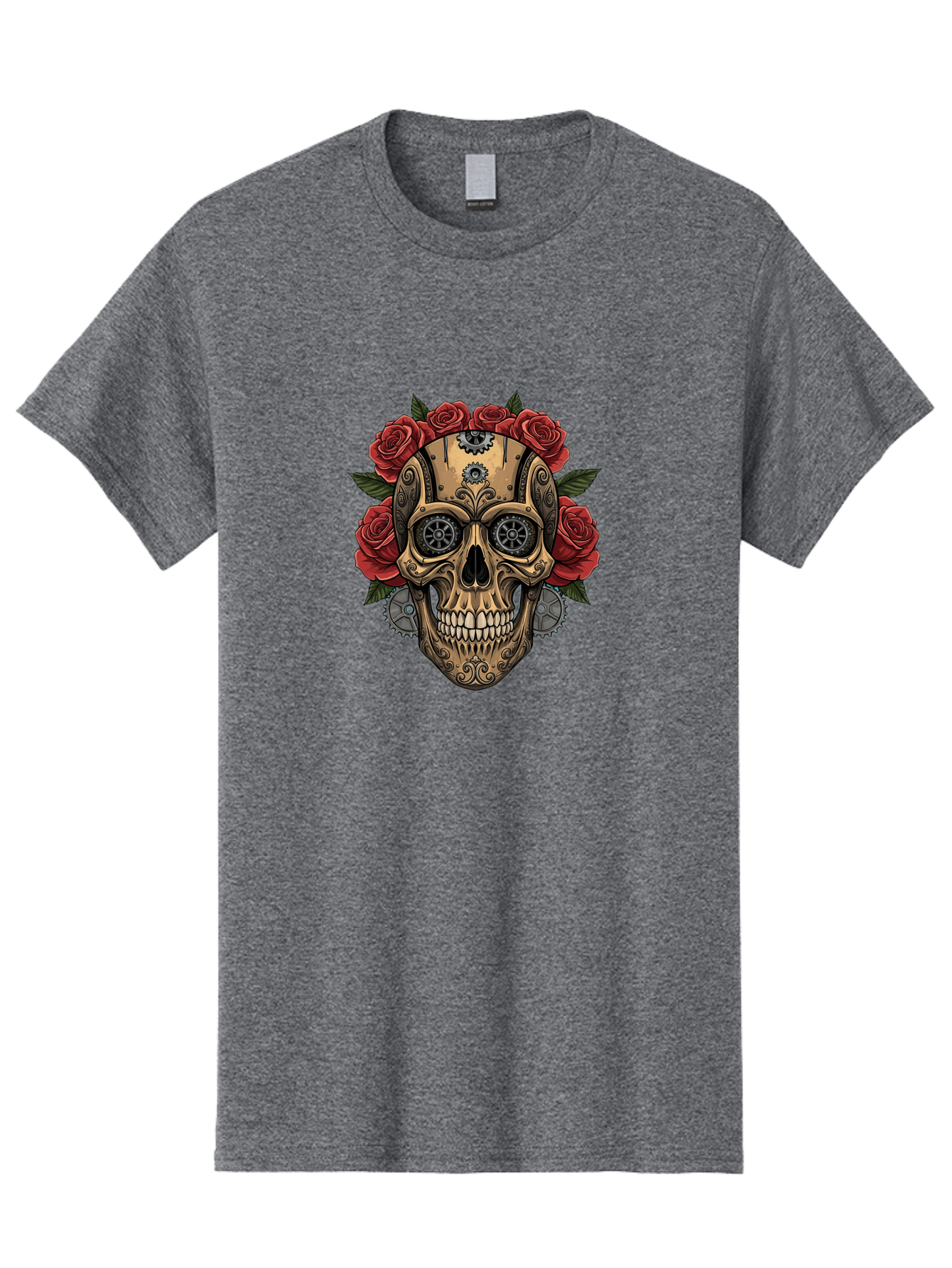 Sugar-Skull-With-Roses Men'S Graphic Tee, 100% Cotton, Comfortable Casual Summer Wear, Machine Washable, Sugar Skull, Day Of The Dead, Mechanical Parts, Floral Wreath, Red Roses, Gothic Design, Steampunk Style, Intricate Details, Bad791 14