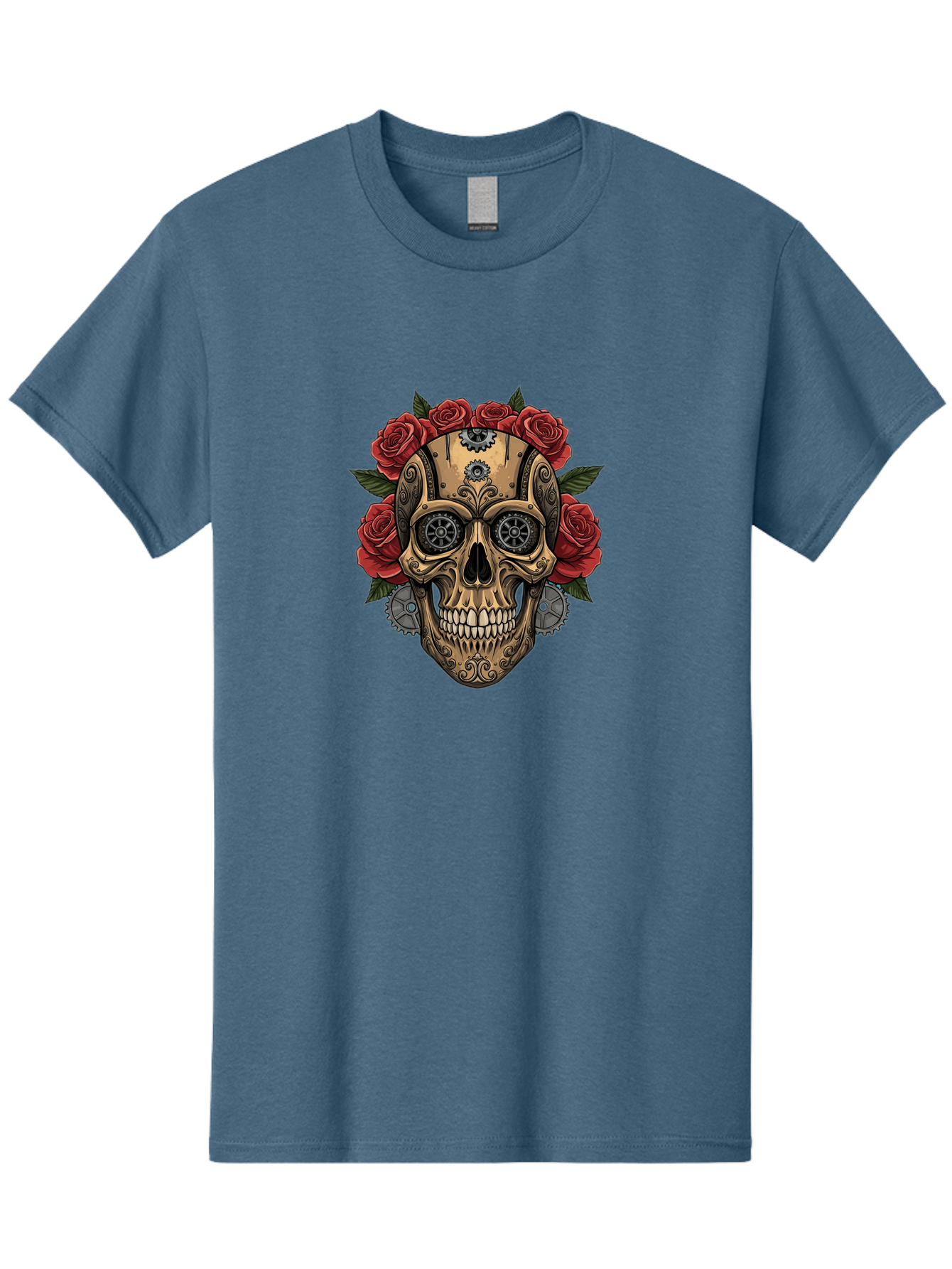 Sugar-Skull-With-Roses Men'S Graphic Tee, 100% Cotton, Comfortable Casual Summer Wear, Machine Washable, Sugar Skull, Day Of The Dead, Mechanical Parts, Floral Wreath, Red Roses, Gothic Design, Steampunk Style, Intricate Details, Bad791 7