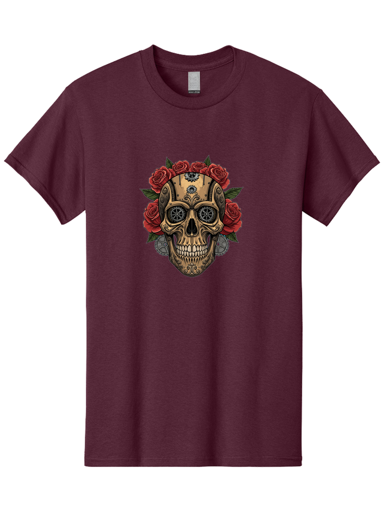 Sugar-Skull-With-Roses Men'S Graphic Tee, 100% Cotton, Comfortable Casual Summer Wear, Machine Washable, Sugar Skull, Day Of The Dead, Mechanical Parts, Floral Wreath, Red Roses, Gothic Design, Steampunk Style, Intricate Details, Bad791 6