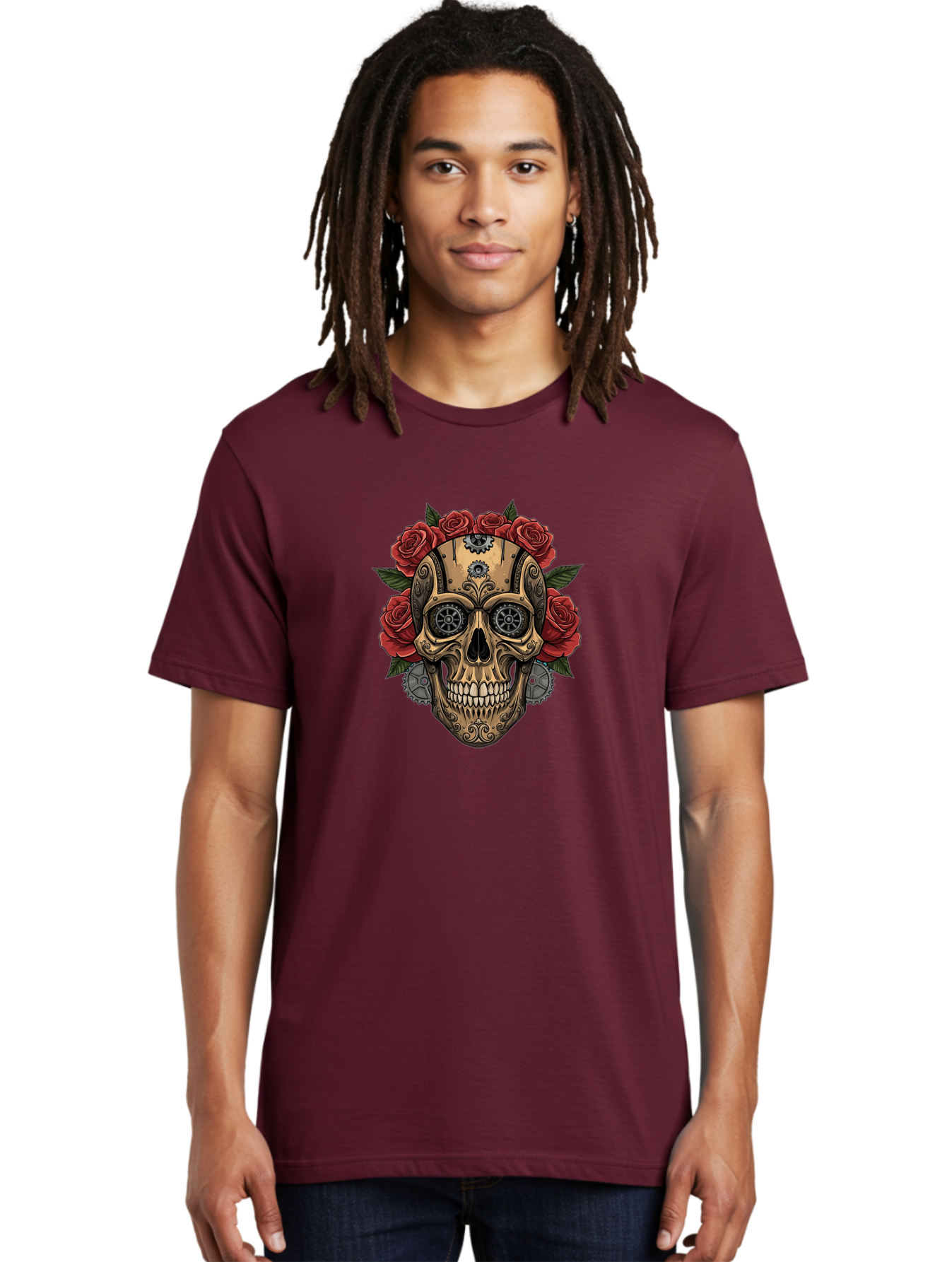 Sugar-Skull-With-Roses Men'S Graphic Tee, 100% Cotton, Comfortable Casual Summer Wear, Machine Washable, Sugar Skull, Day Of The Dead, Mechanical Parts, Floral Wreath, Red Roses, Gothic Design, Steampunk Style, Intricate Details, Bad791 21
