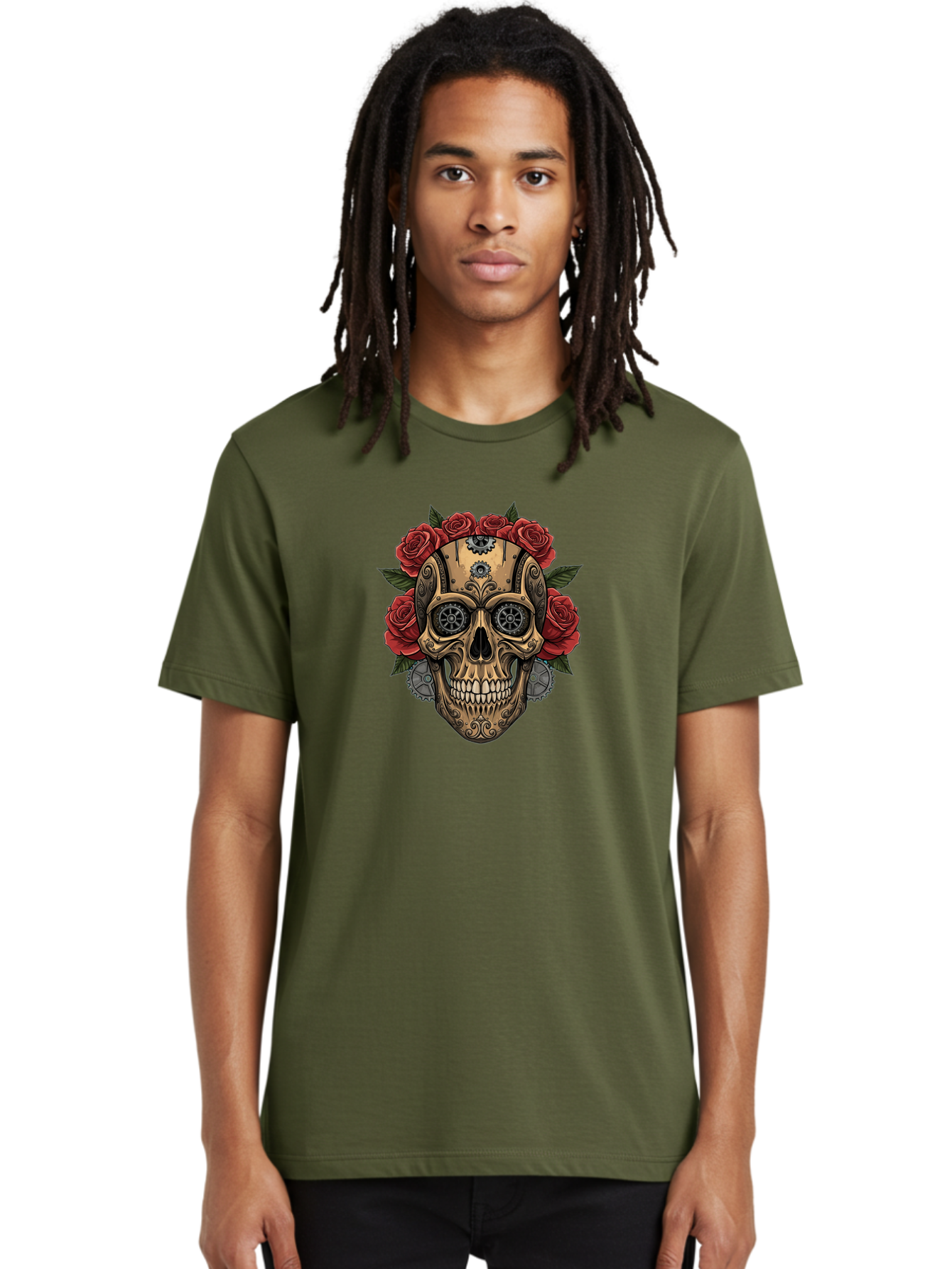 Sugar-Skull-With-Roses Men'S Graphic Tee, 100% Cotton, Comfortable Casual Summer Wear, Machine Washable, Sugar Skull, Day Of The Dead, Mechanical Parts, Floral Wreath, Red Roses, Gothic Design, Steampunk Style, Intricate Details, Bad791 19